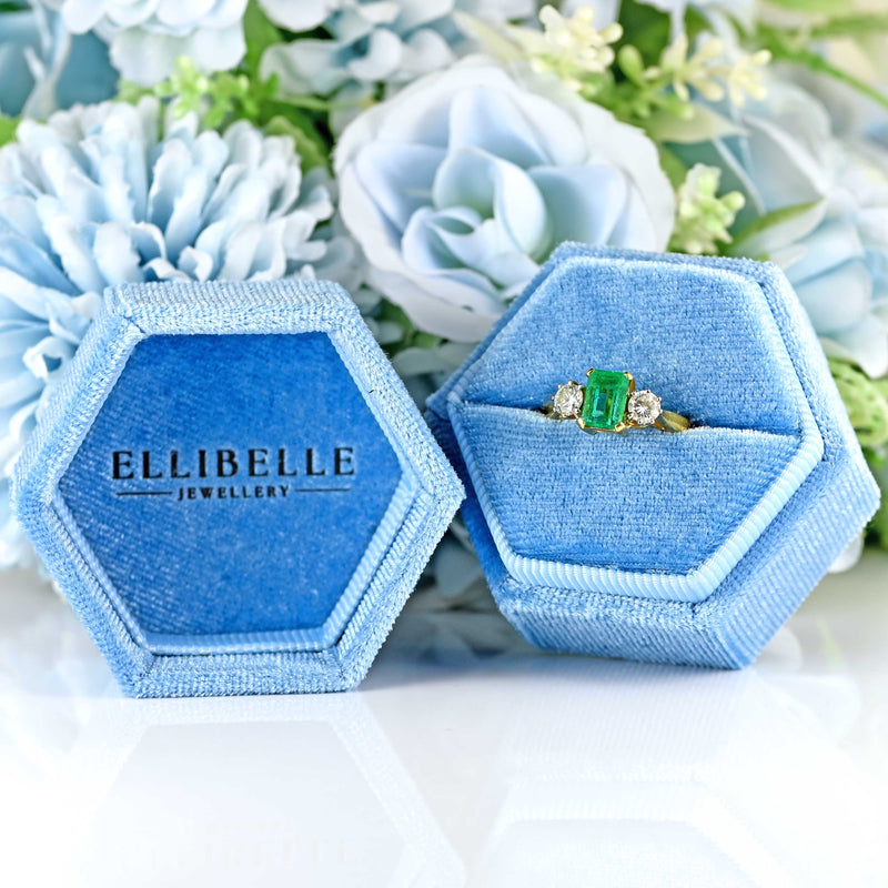 Ellibelle Jewellery Vintage 2004 Emerald & Diamond 18ct Gold Three-Stone Engagement Ring