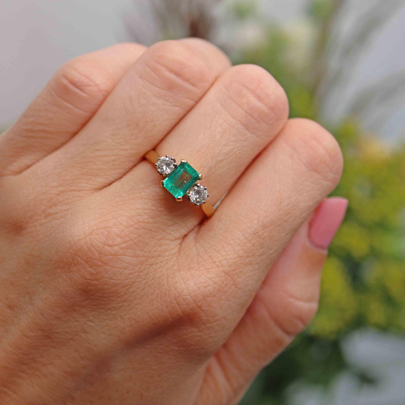 Ellibelle Jewellery Vintage 2004 Emerald & Diamond 18ct Gold Three-Stone Engagement Ring