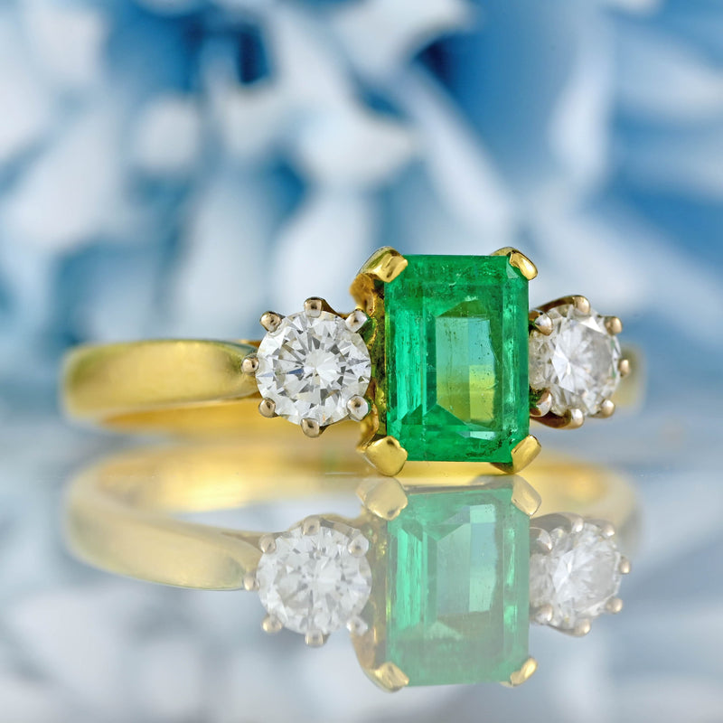 Ellibelle Jewellery Vintage 2004 Emerald & Diamond 18ct Gold Three-Stone Engagement Ring