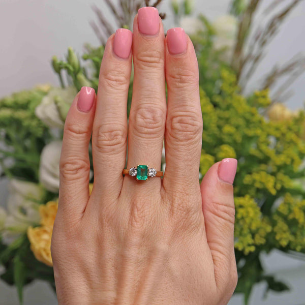Ellibelle Jewellery Vintage 2004 Emerald & Diamond 18ct Gold Three-Stone Engagement Ring