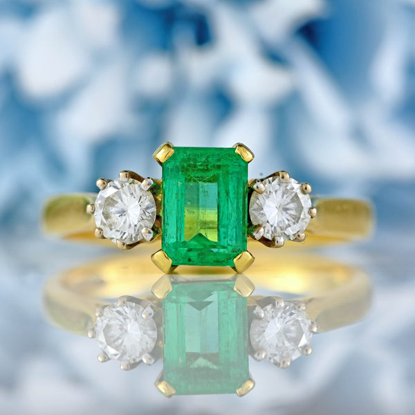 Ellibelle Jewellery Vintage 2004 Emerald & Diamond 18ct Gold Three-Stone Engagement Ring