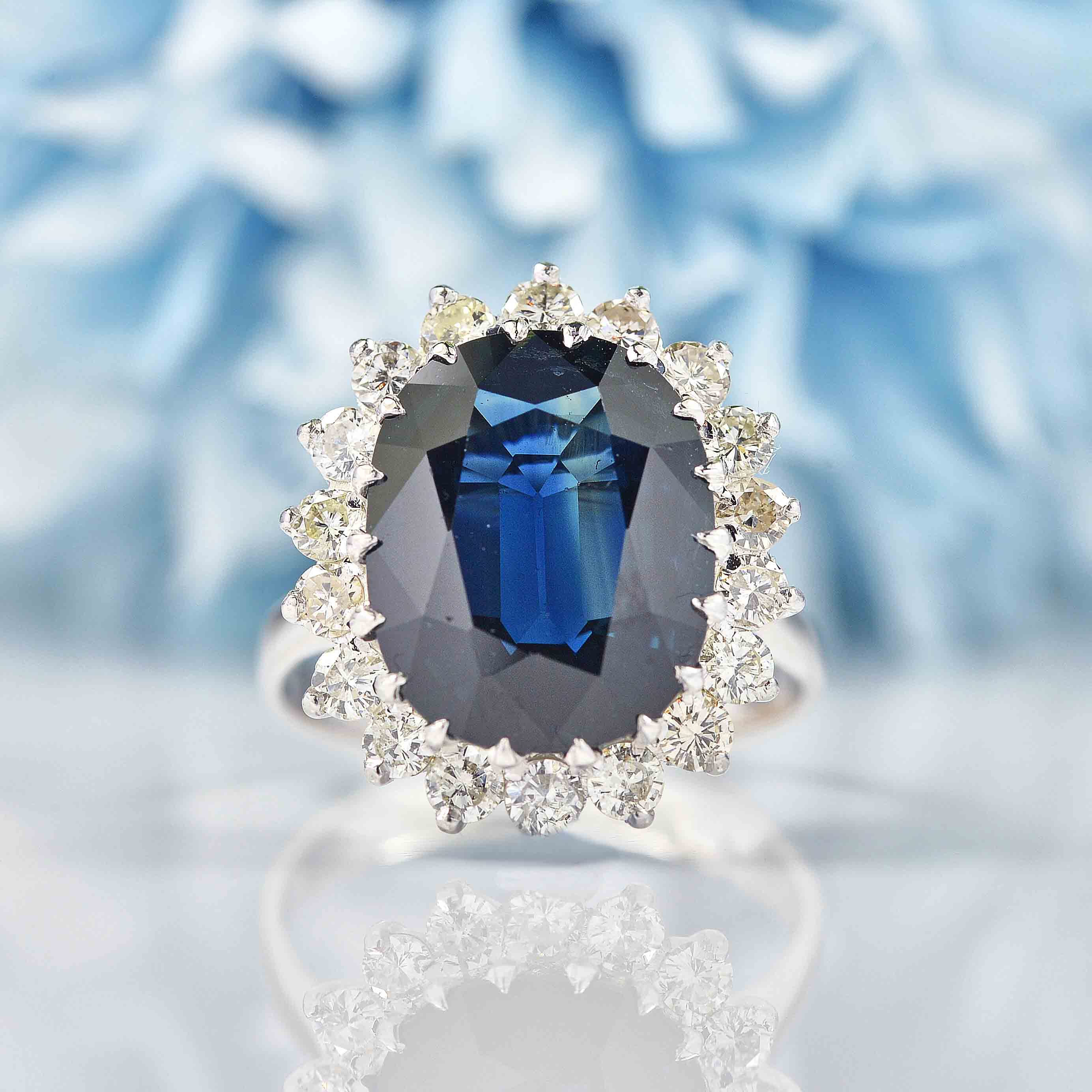 Ellibelle Jewellery Vintage 5.50-Carat Sapphire & Diamond White Gold Cluster Engagement Ring