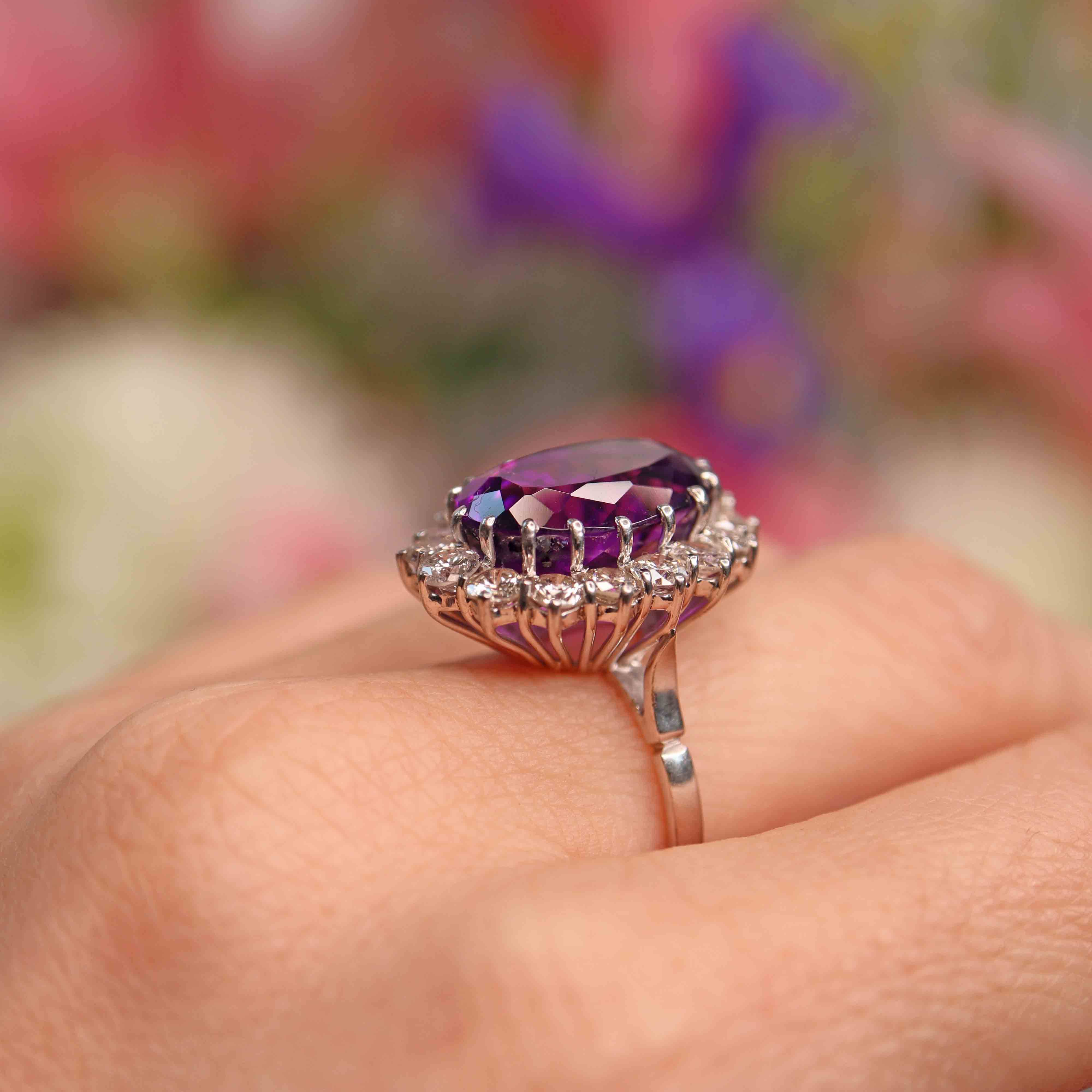 Ellibelle Jewellery Vintage 8.45ct Amethyst & Diamond 18ct White Gold Cluster Ring