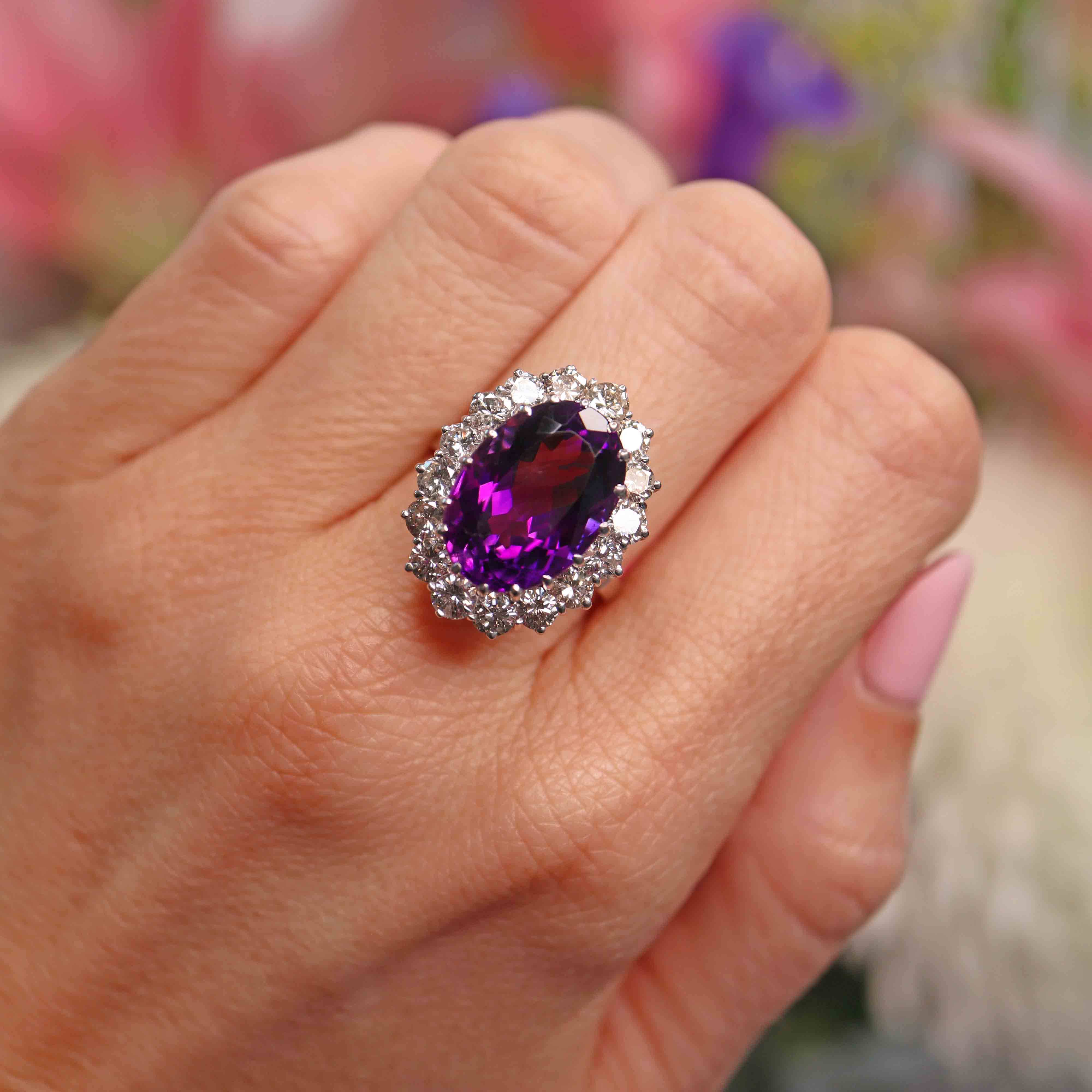 Ellibelle Jewellery Vintage 8.45ct Amethyst & Diamond 18ct White Gold Cluster Ring