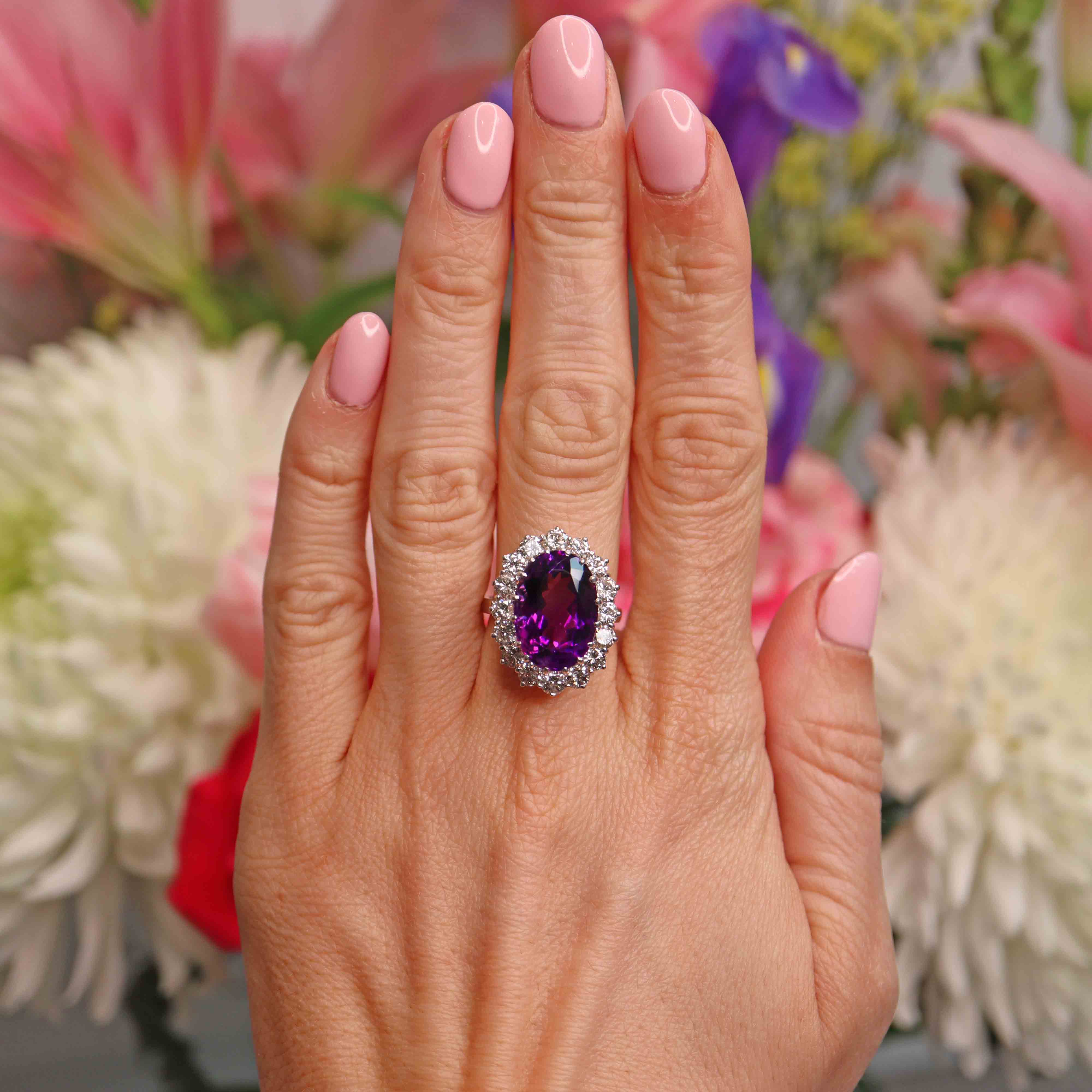 Ellibelle Jewellery Vintage 8.45ct Amethyst & Diamond 18ct White Gold Cluster Ring