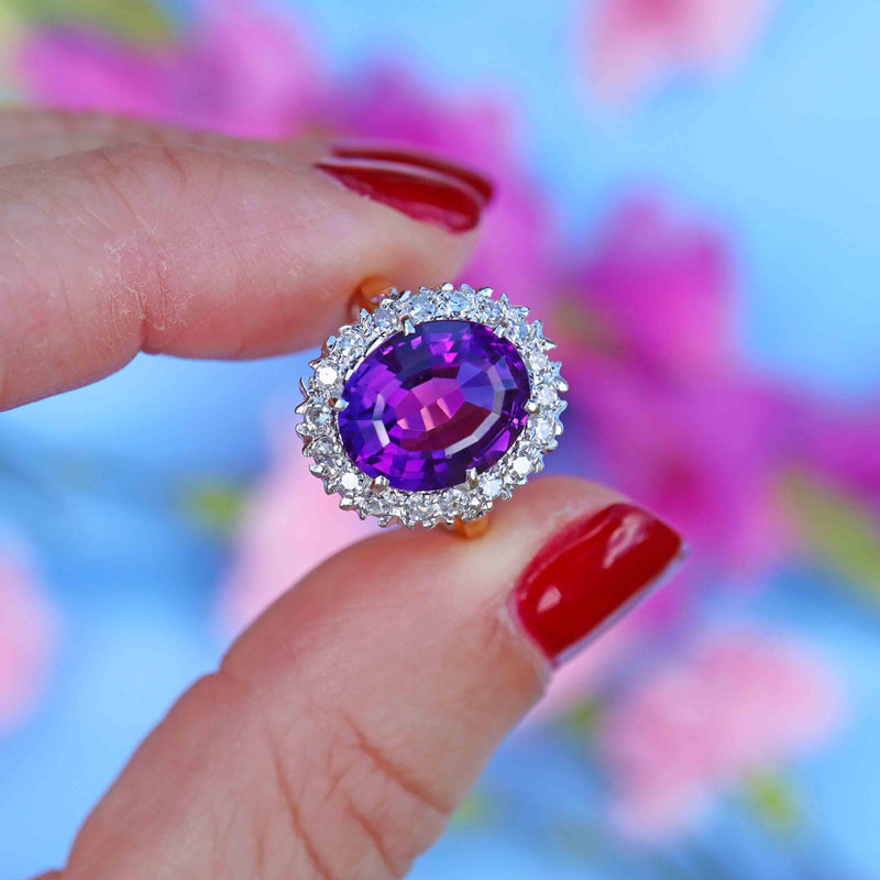 Ellibelle Jewellery Vintage Amethyst & Diamond 18ct Gold Oval Cluster Ring