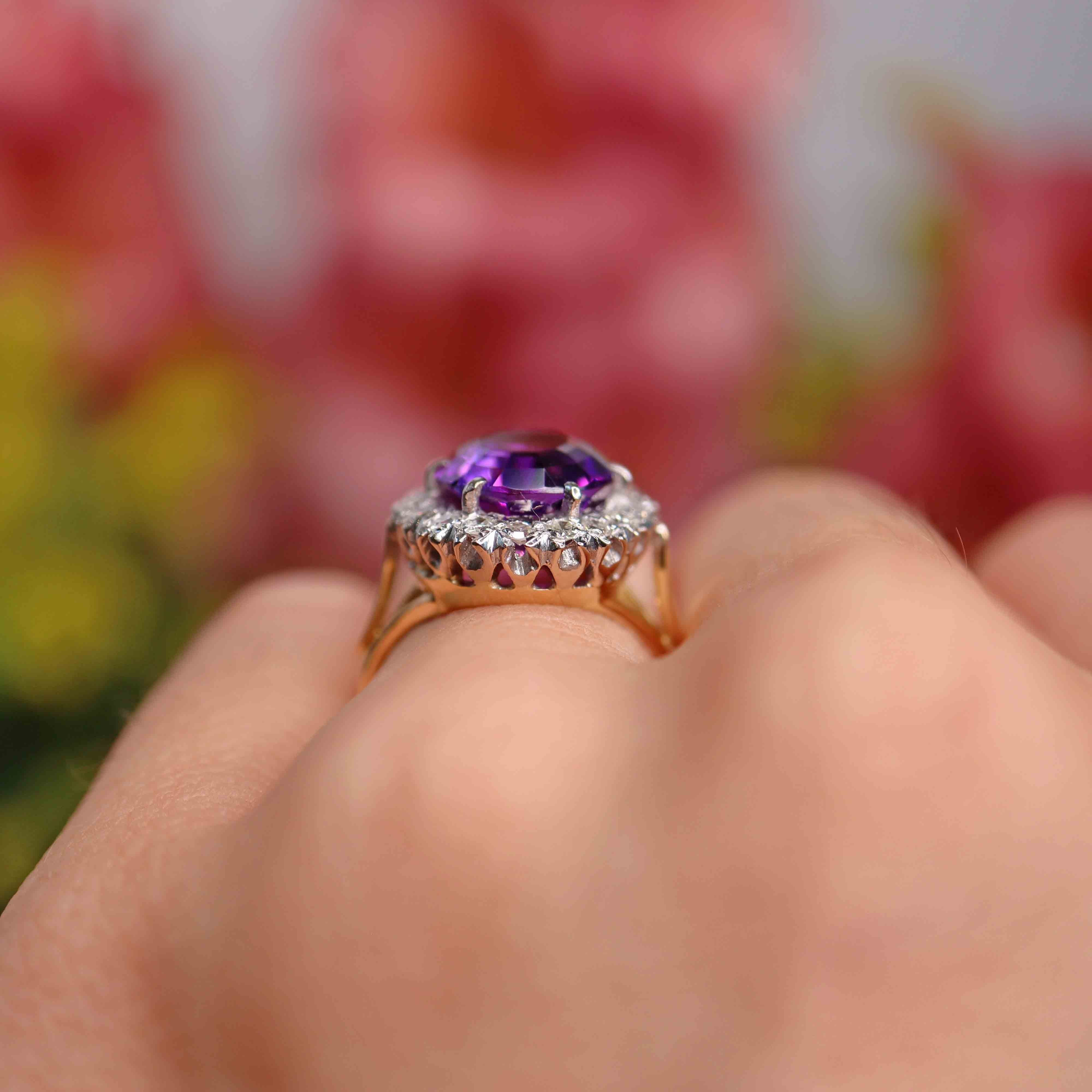 Ellibelle Jewellery Vintage Amethyst & Diamond 18ct Gold Oval Cluster Ring