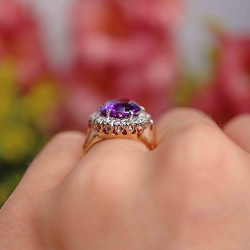 Ellibelle Jewellery Vintage Amethyst & Diamond 18ct Gold Oval Cluster Ring