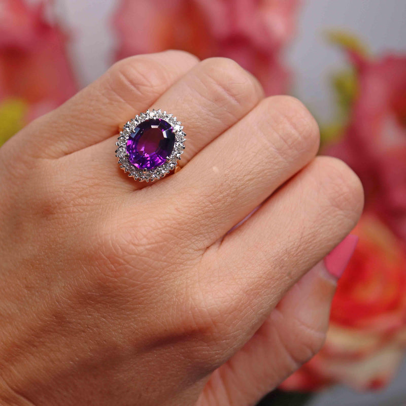 Ellibelle Jewellery Vintage Amethyst & Diamond 18ct Gold Oval Cluster Ring