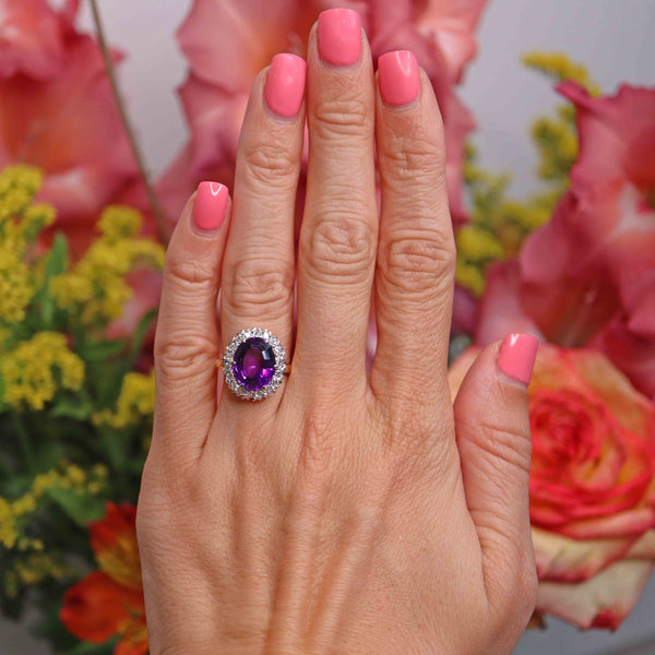 Ellibelle Jewellery Vintage Amethyst & Diamond 18ct Gold Oval Cluster Ring