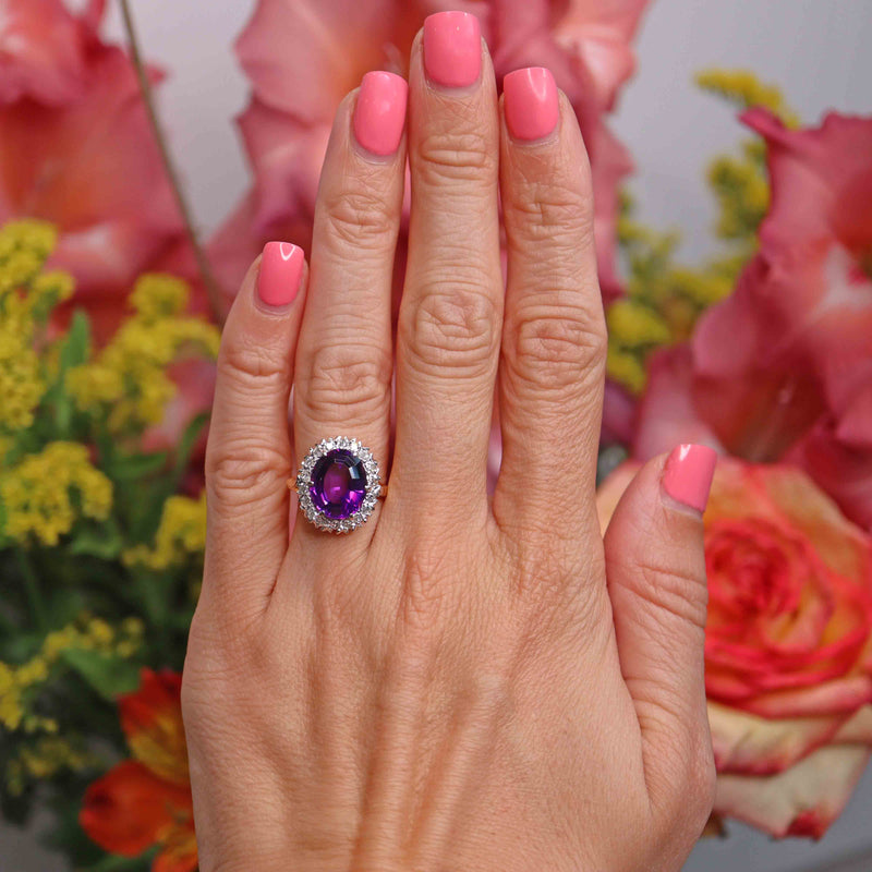Ellibelle Jewellery Vintage Amethyst & Diamond 18ct Gold Oval Cluster Ring