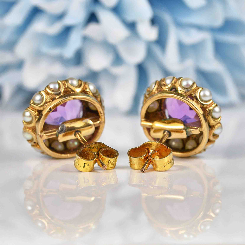 Ellibelle Jewellery Vintage Amethyst & Pearl 9ct Gold Stud Earrings