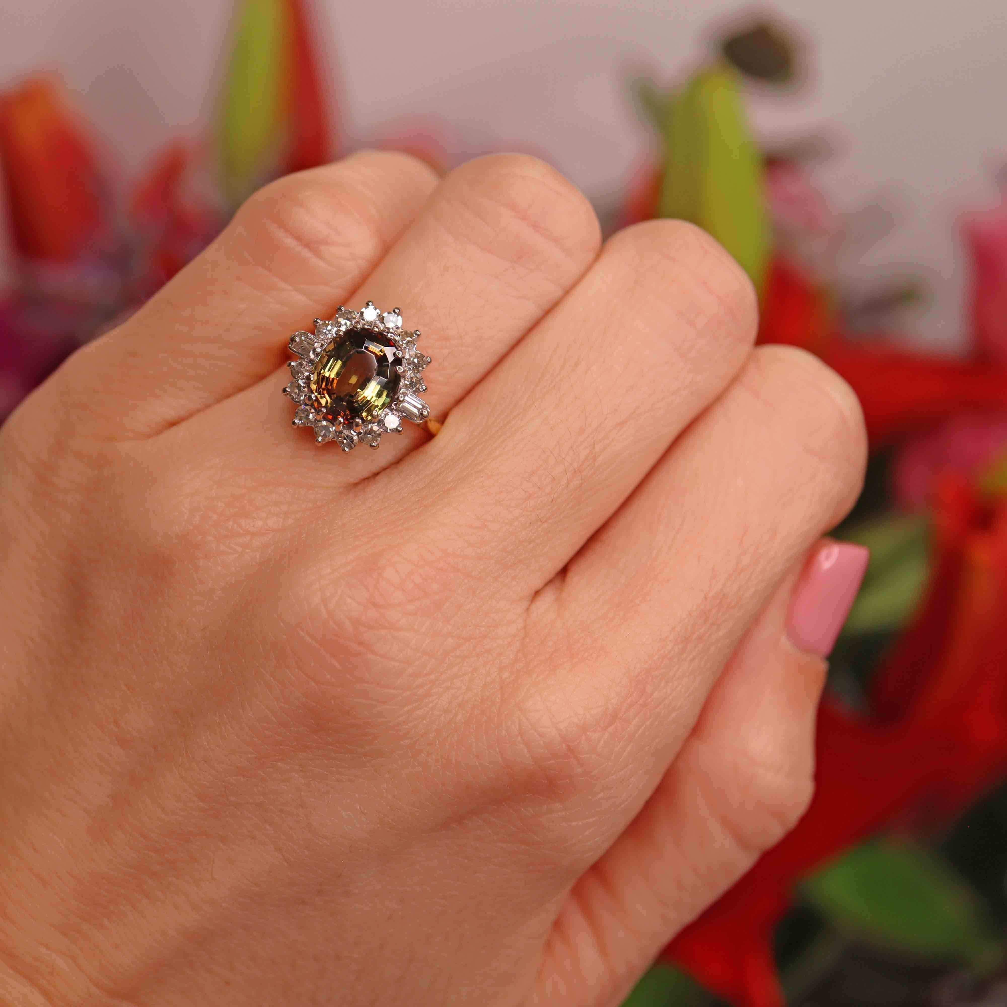 Ellibelle Jewellery Vintage Andalusite & Diamond 18ct Gold Cluster Ring (3.04cts)