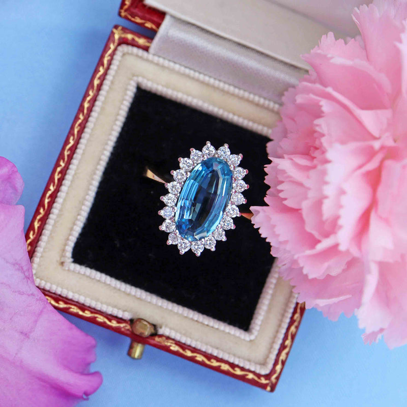 Ellibelle Jewellery Vintage Aquamarine & Diamond 18ct Gold Oval Cluster Ring