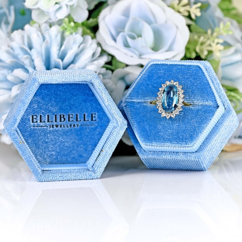 Ellibelle Jewellery Vintage Aquamarine & Diamond 18ct Gold Oval Cluster Ring