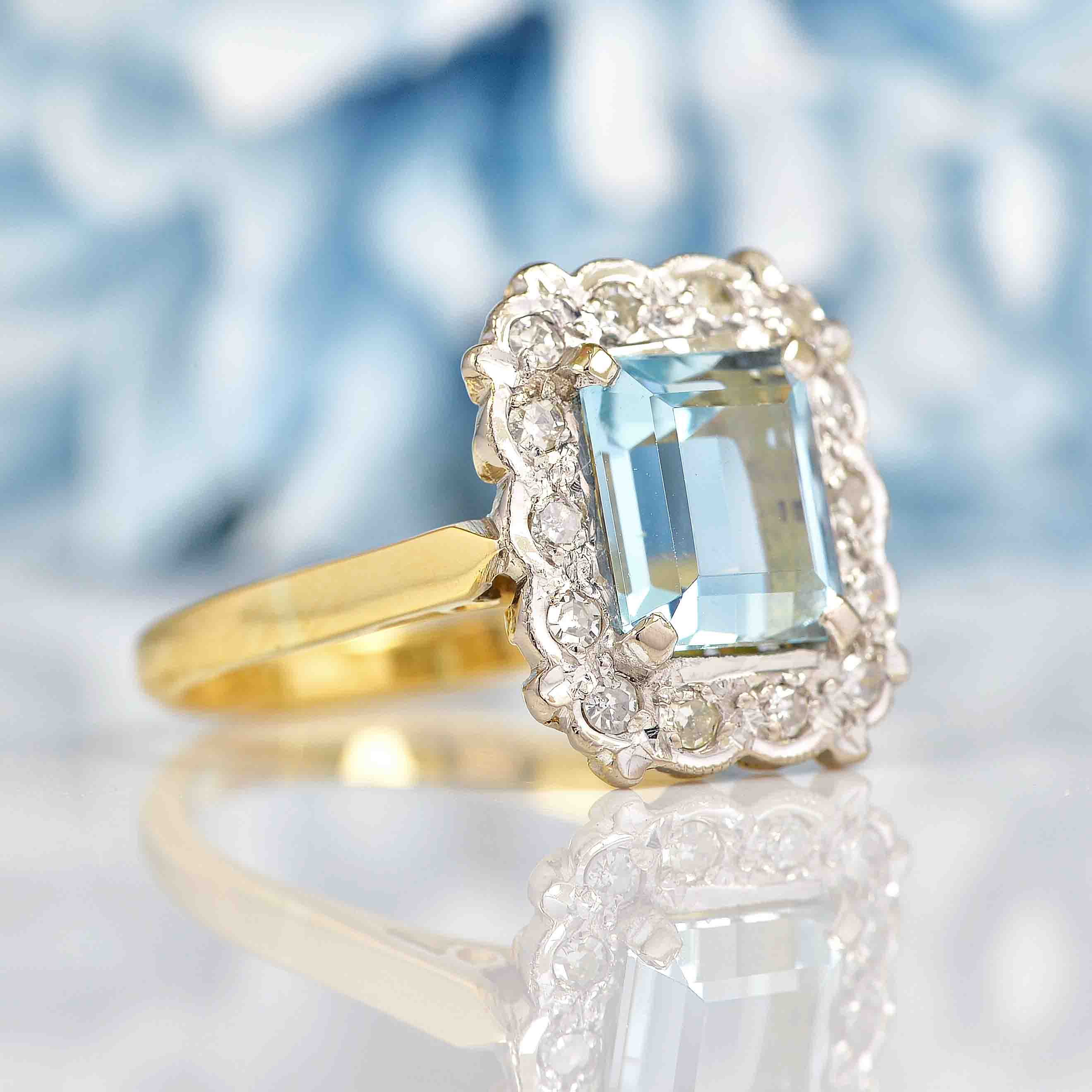 Ellibelle Jewellery Vintage Aquamarine & Diamond 18ct Gold Panel Ring