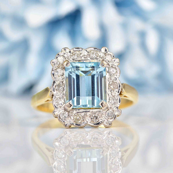 Ellibelle Jewellery Vintage Aquamarine & Diamond 18ct Gold Panel Ring