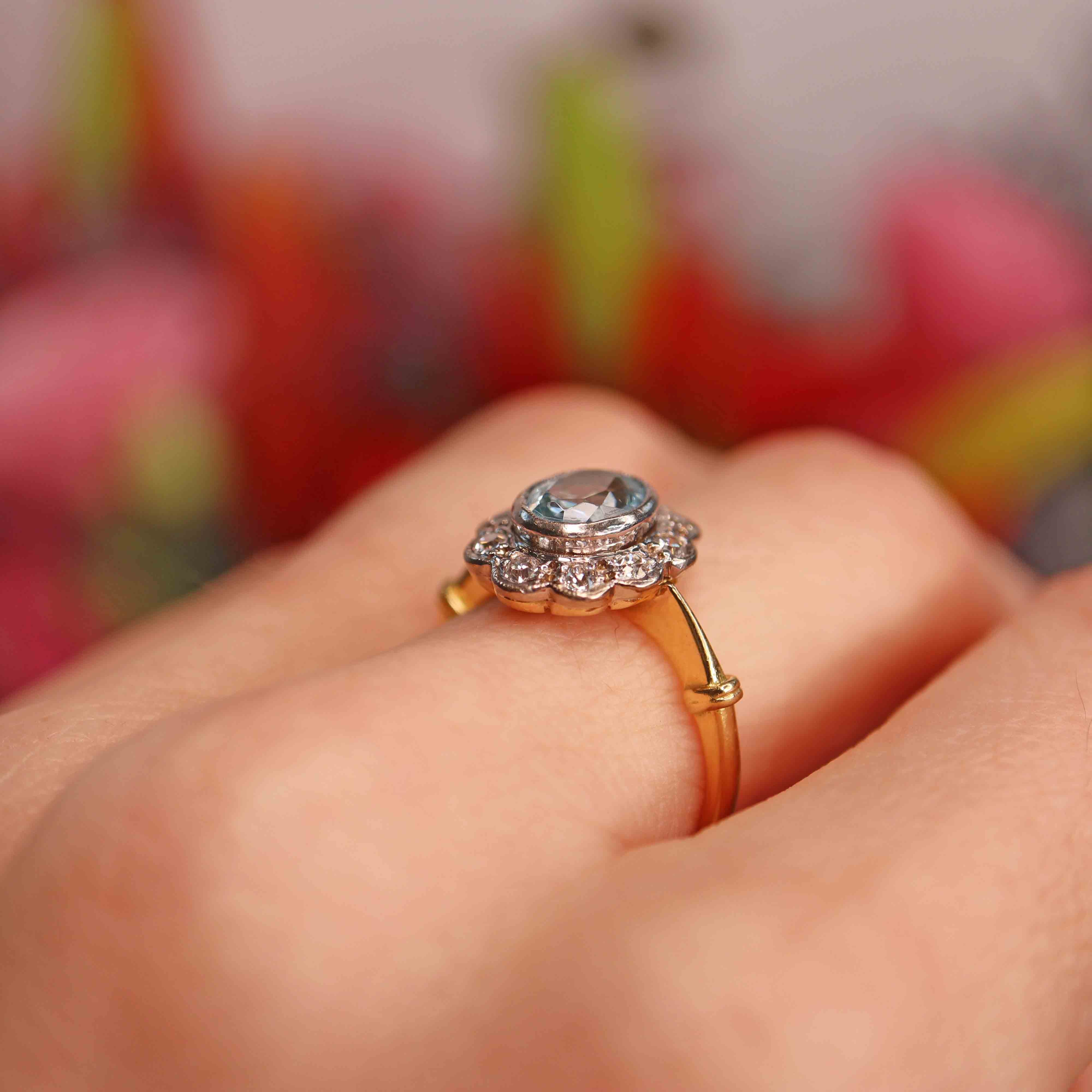 Ellibelle Jewellery Vintage Aquamarine & Diamond 18ct Gold Platinum Cluster Ring