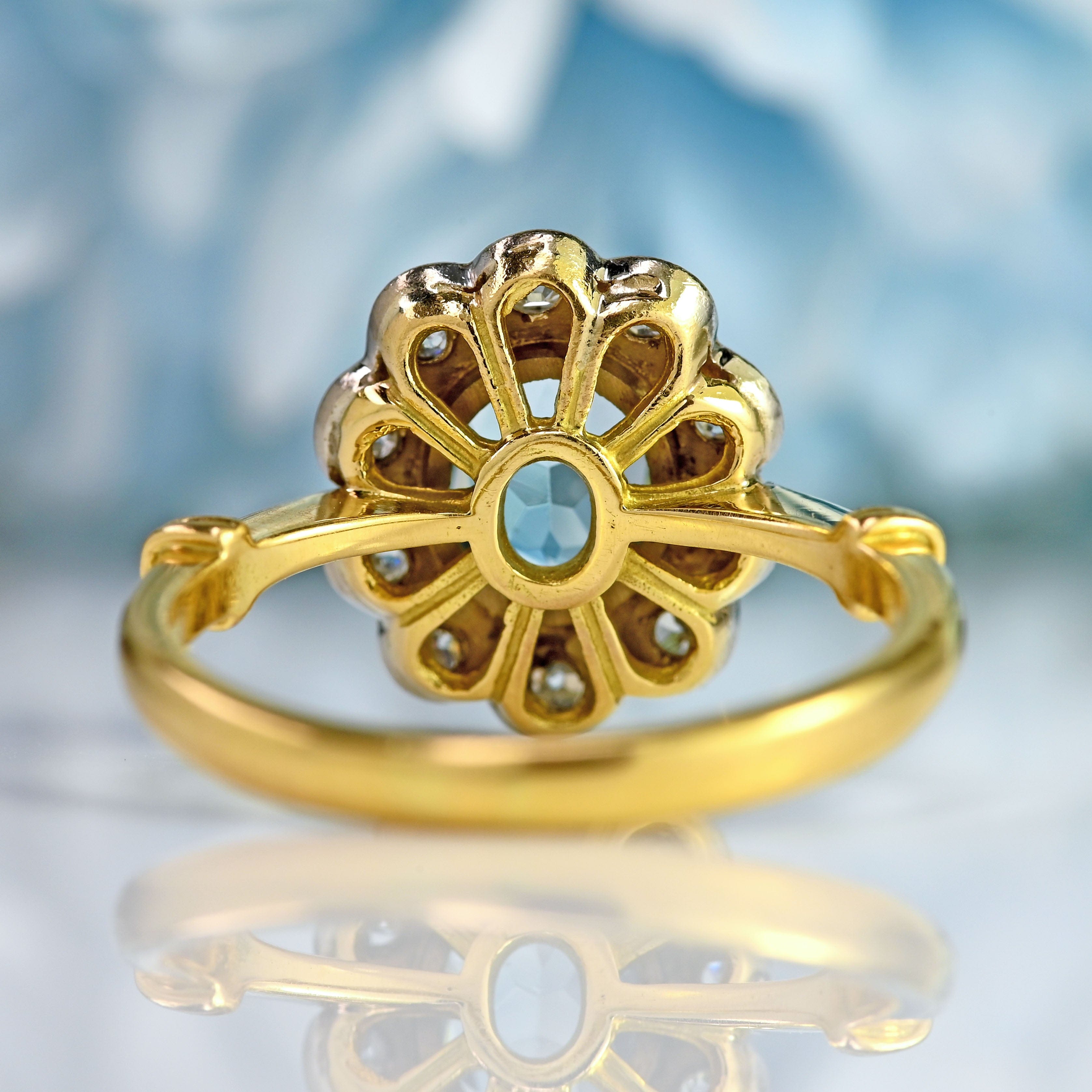 Ellibelle Jewellery Vintage Aquamarine & Diamond 18ct Gold Platinum Cluster Ring