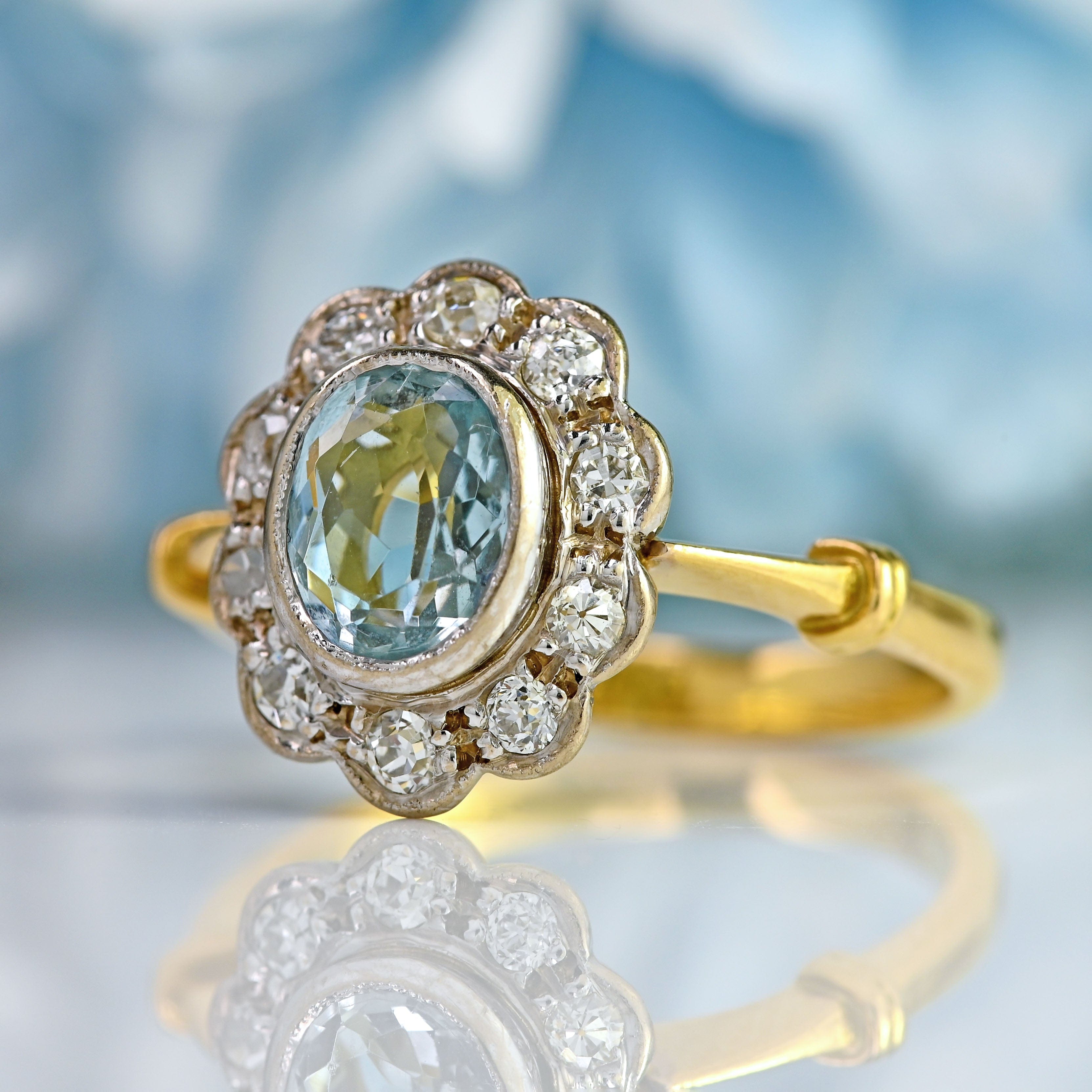 Ellibelle Jewellery Vintage Aquamarine & Diamond 18ct Gold Platinum Cluster Ring