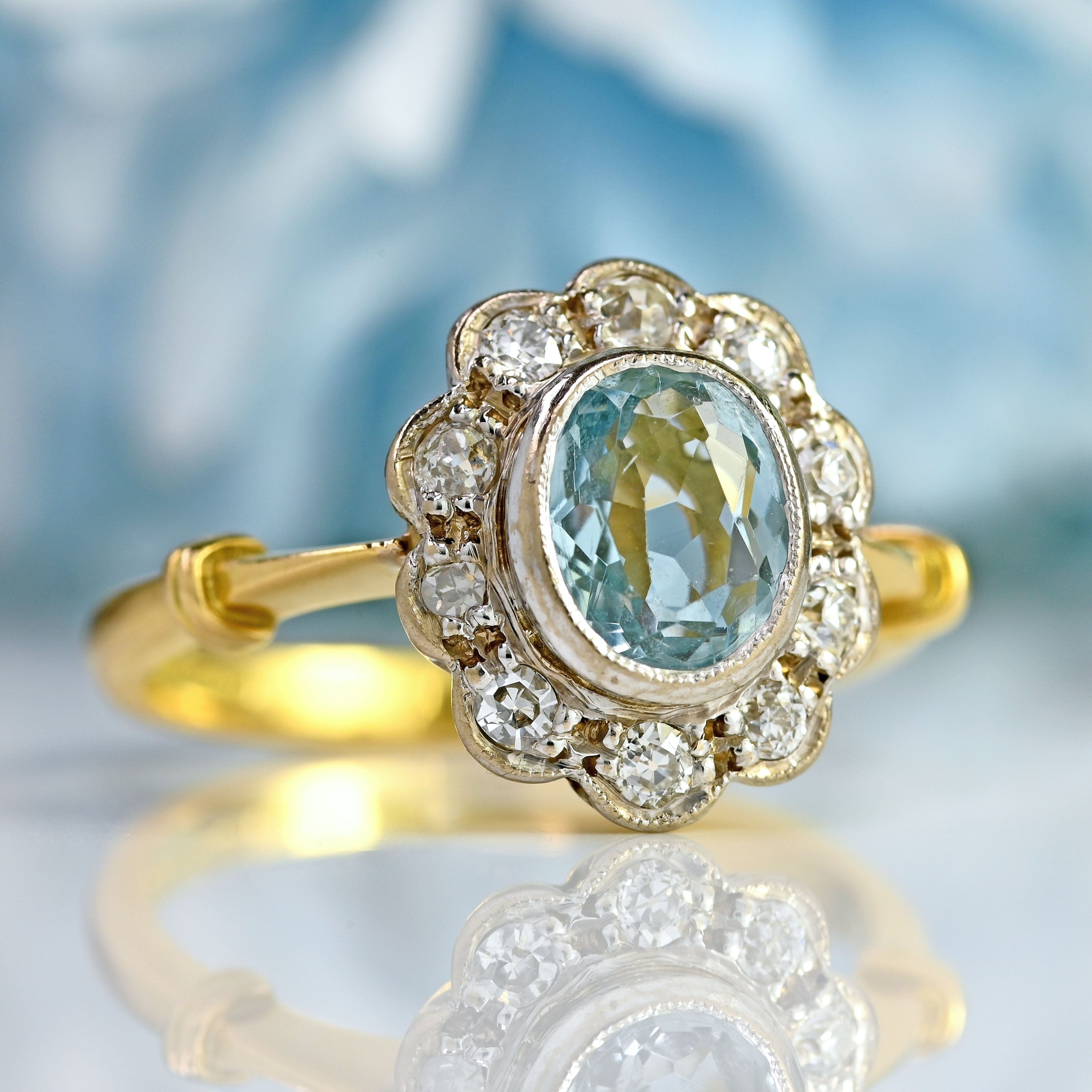 Ellibelle Jewellery Vintage Aquamarine & Diamond 18ct Gold Platinum Cluster Ring