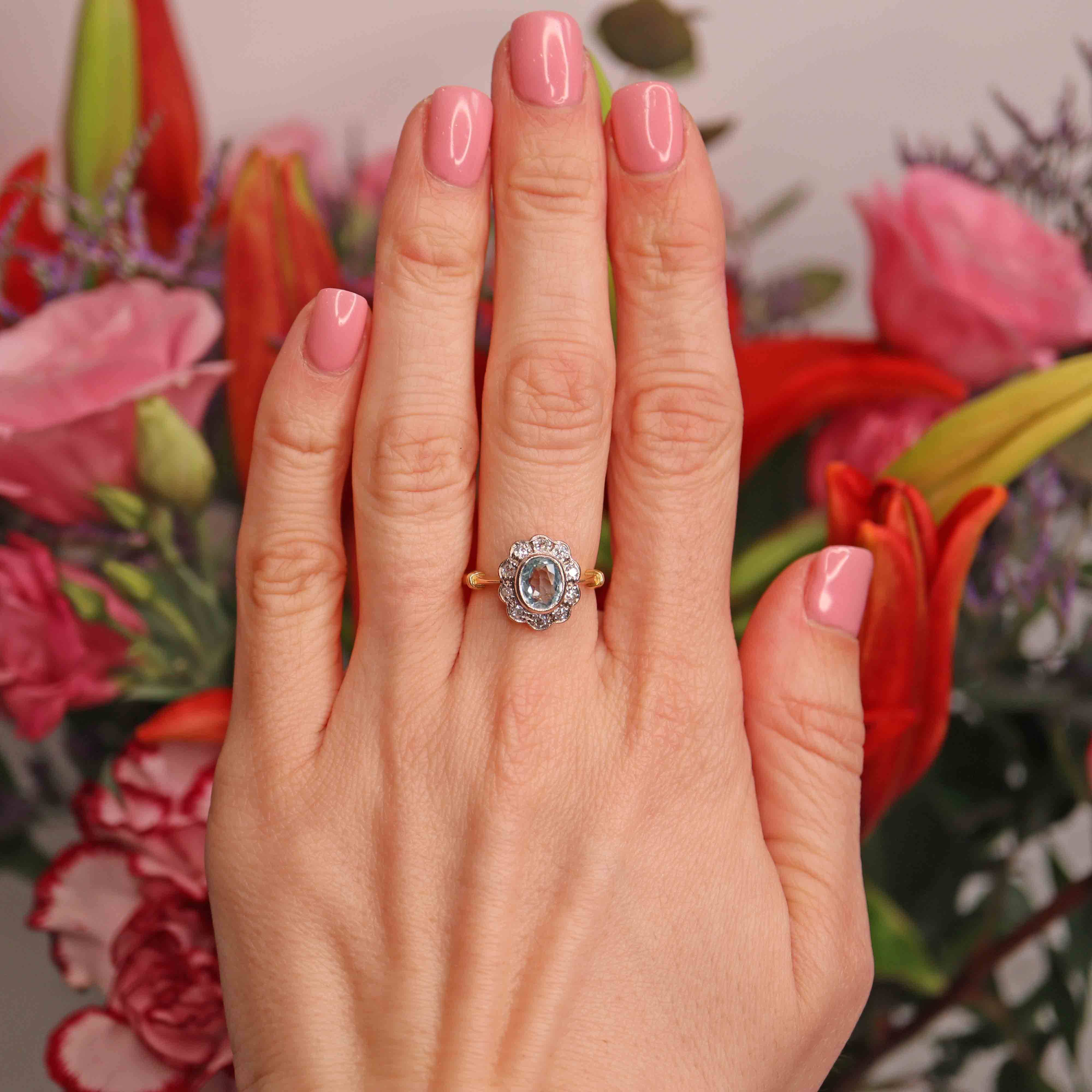 Ellibelle Jewellery Vintage Aquamarine & Diamond 18ct Gold Platinum Cluster Ring