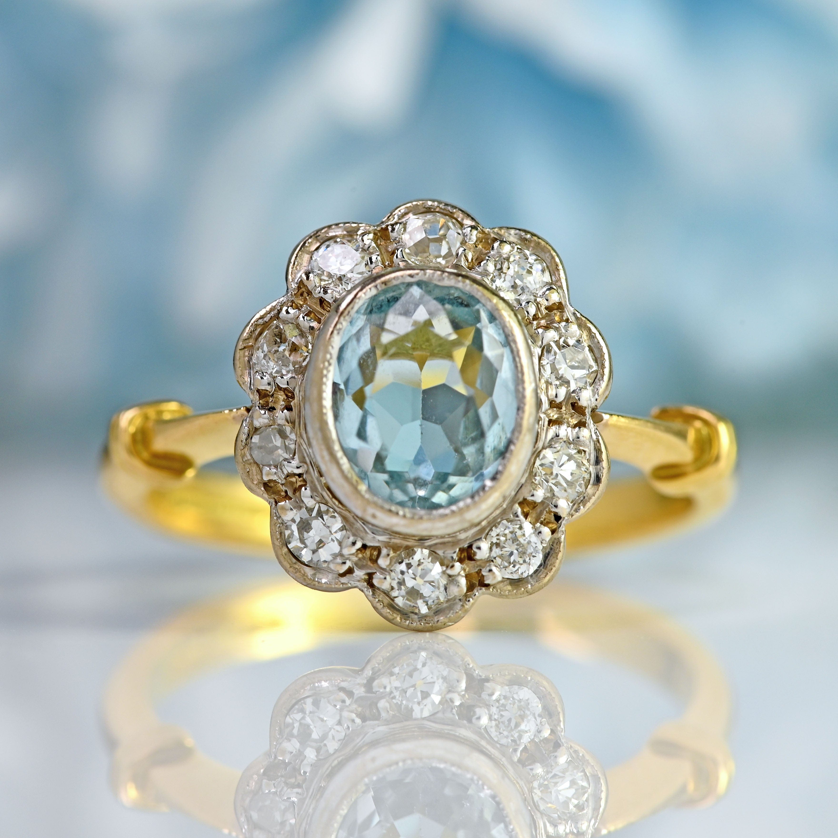 Ellibelle Jewellery Vintage Aquamarine & Diamond 18ct Gold Platinum Cluster Ring