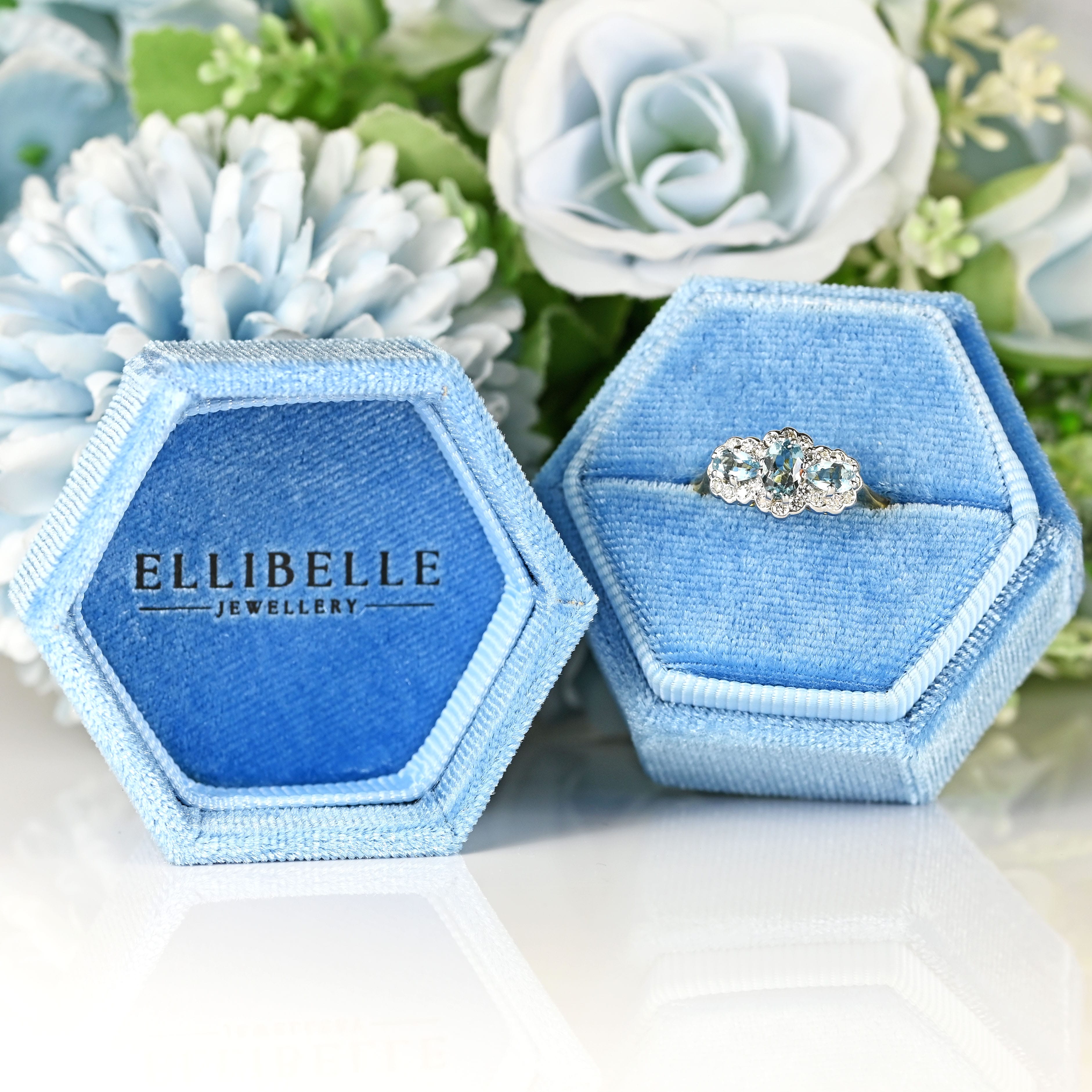 Ellibelle Jewellery Vintage Aquamarine & Diamond 18ct Gold Triple-Cluster Ring by Cropp and Farr