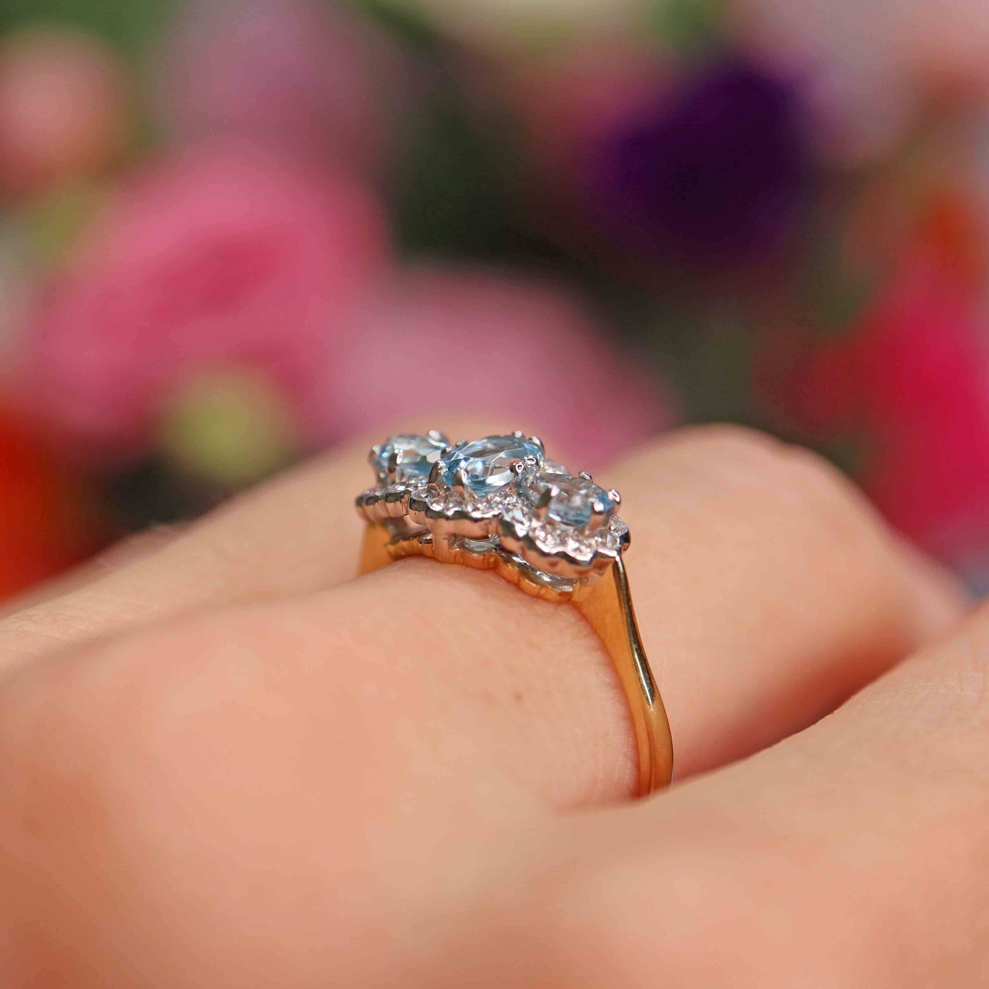 Ellibelle Jewellery Vintage Aquamarine & Diamond 18ct Gold Triple-Cluster Ring by Cropp and Farr