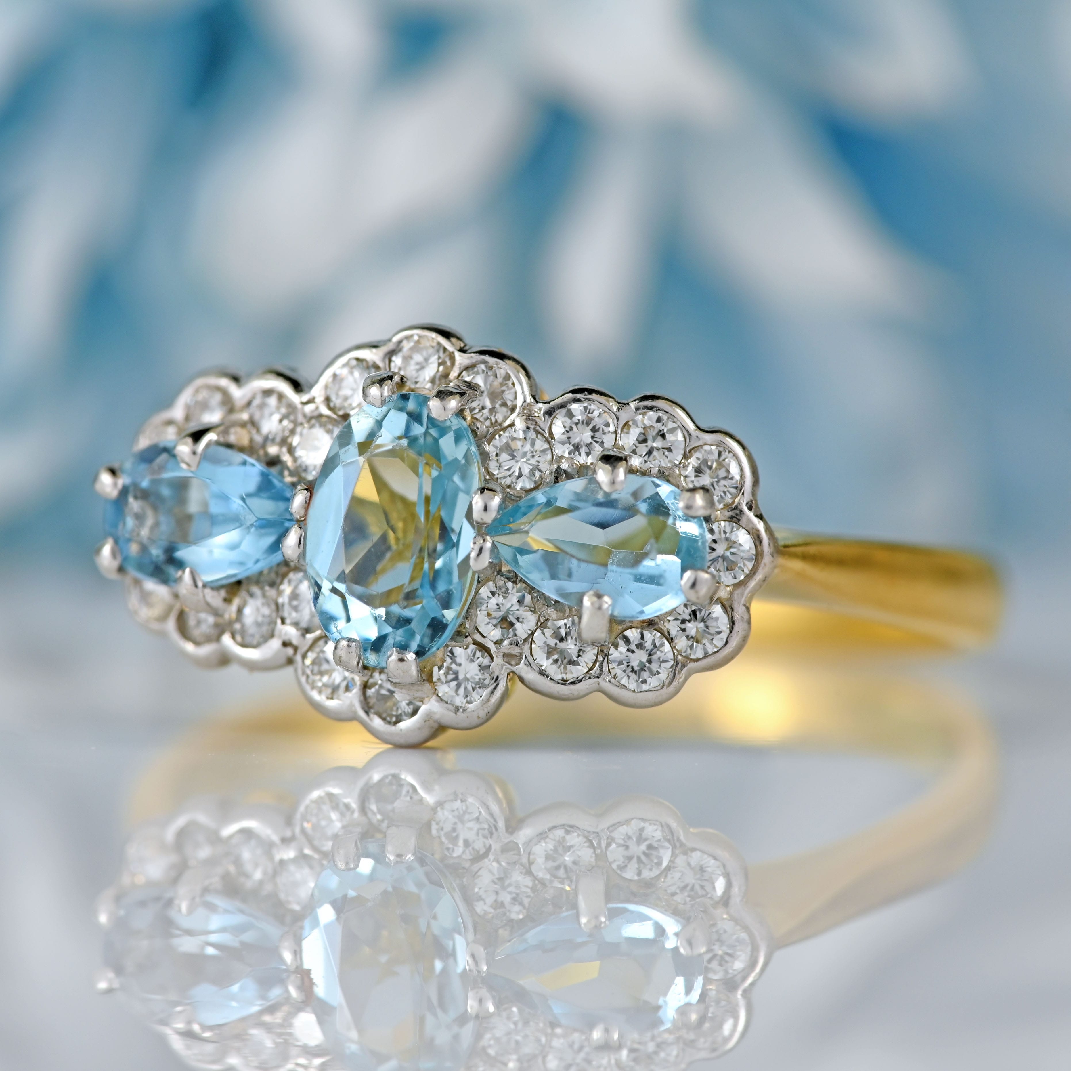 Ellibelle Jewellery Vintage Aquamarine & Diamond 18ct Gold Triple-Cluster Ring by Cropp and Farr