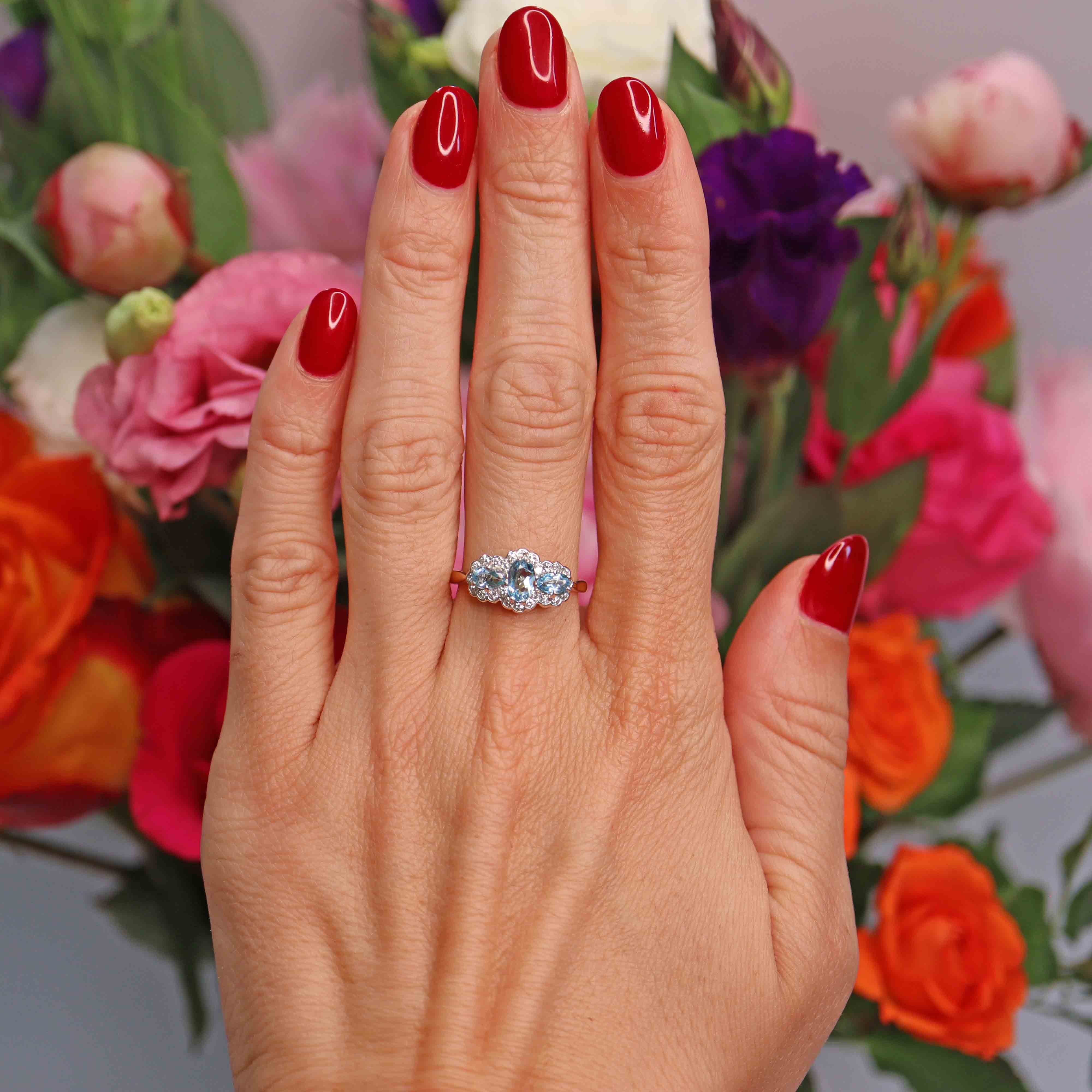 Ellibelle Jewellery Vintage Aquamarine & Diamond 18ct Gold Triple-Cluster Ring by Cropp and Farr