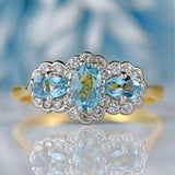 Ellibelle Jewellery Vintage Aquamarine & Diamond 18ct Gold Triple-Cluster Ring by Cropp and Farr