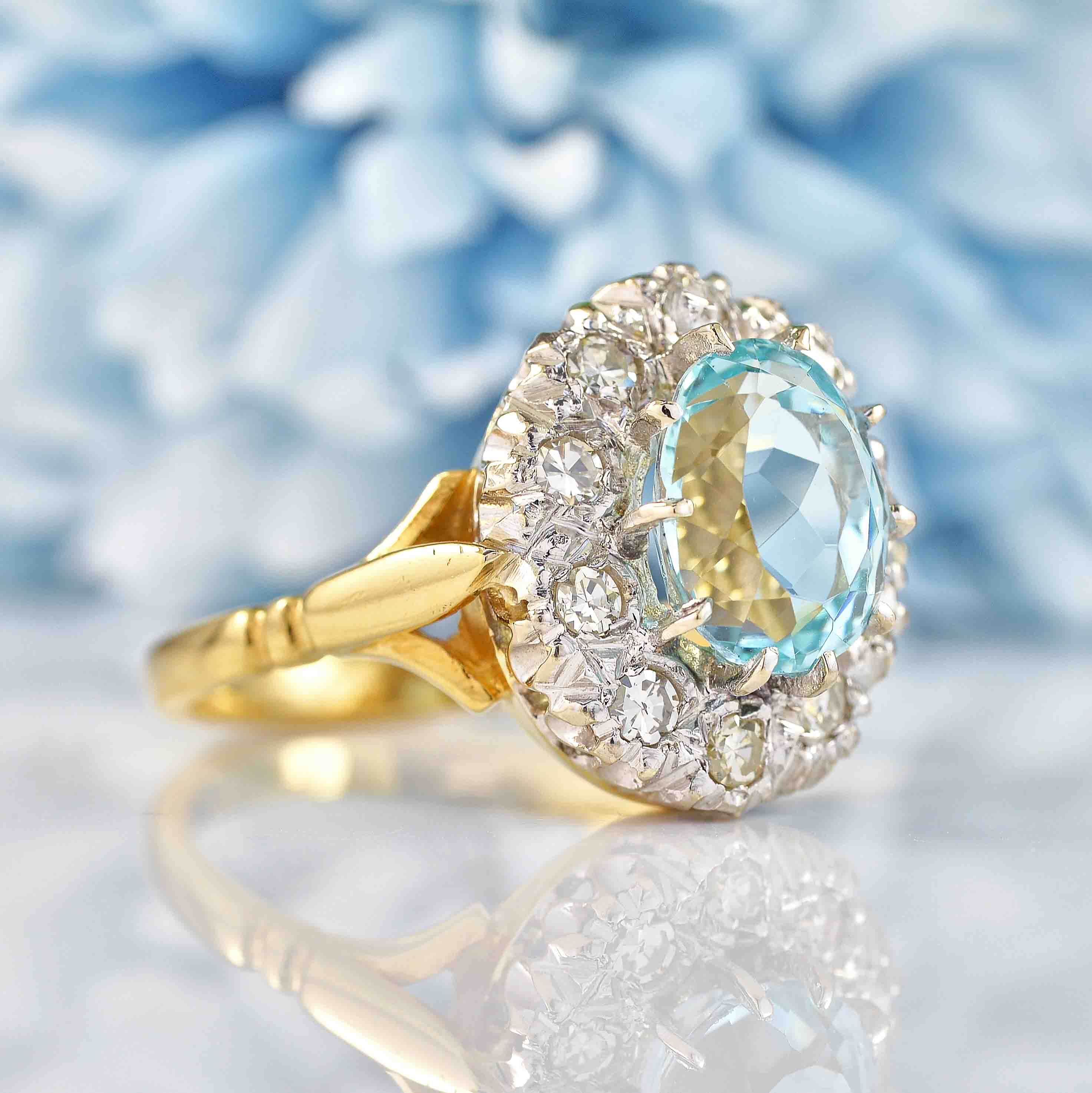 Ellibelle Jewellery Vintage Aquamarine & Diamond Cluster Engagement Ring