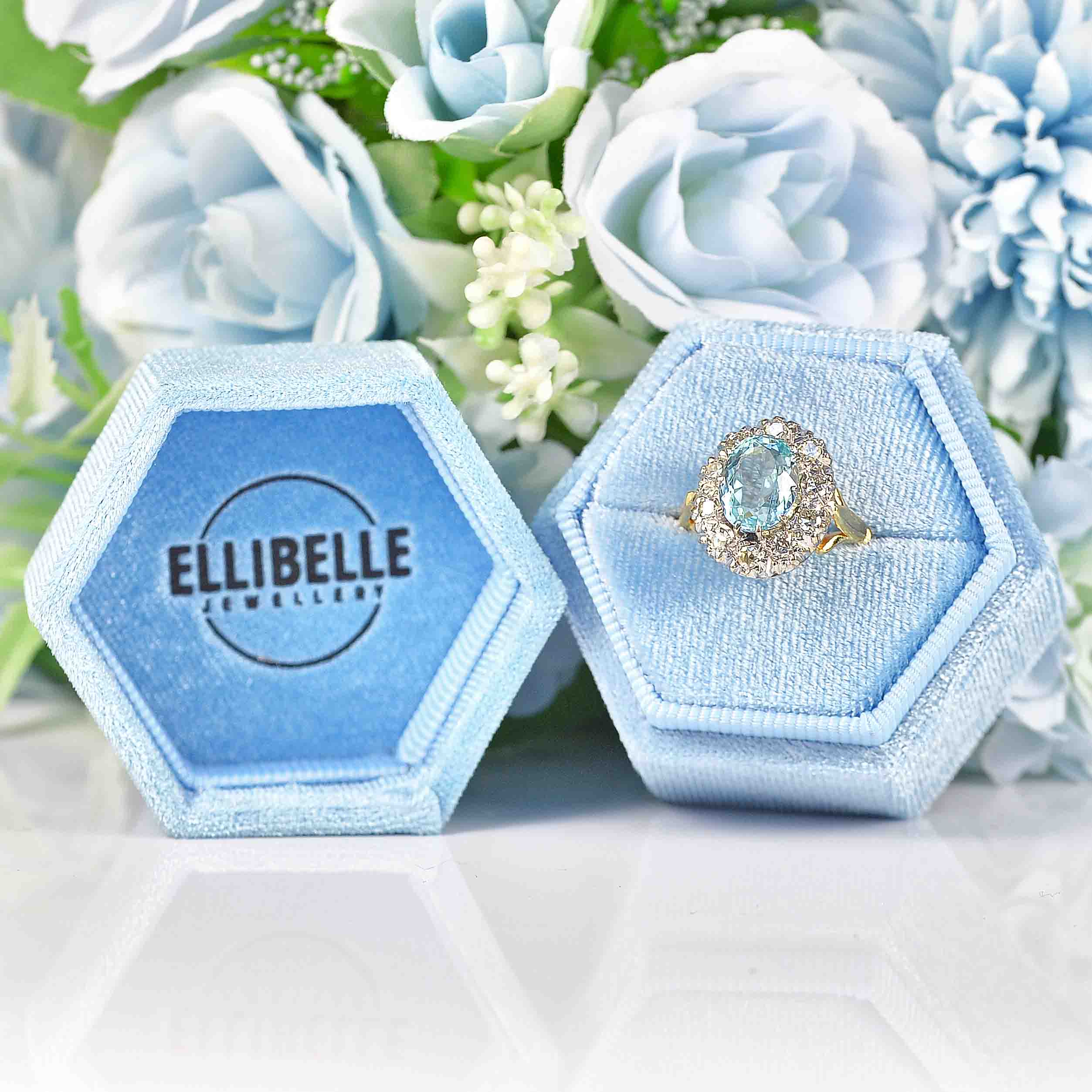 Ellibelle Jewellery Vintage Aquamarine & Diamond Cluster Engagement Ring