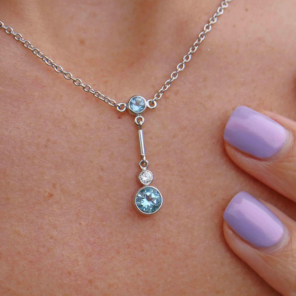 Vintage Aquamarine & Diamond White Gold Pendant Necklace