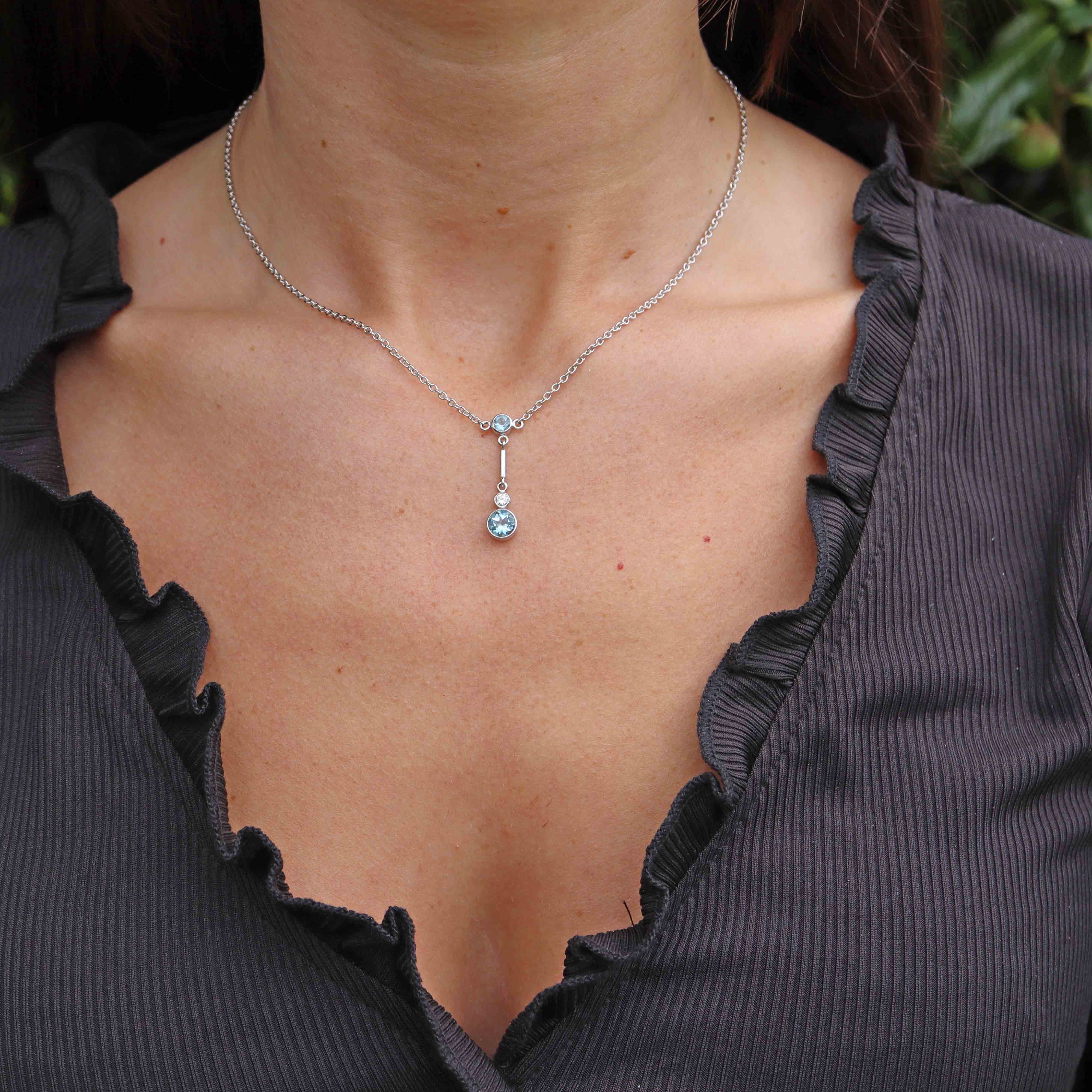 Ellibelle Jewellery Vintage Aquamarine & Diamond White Gold Pendant Necklace