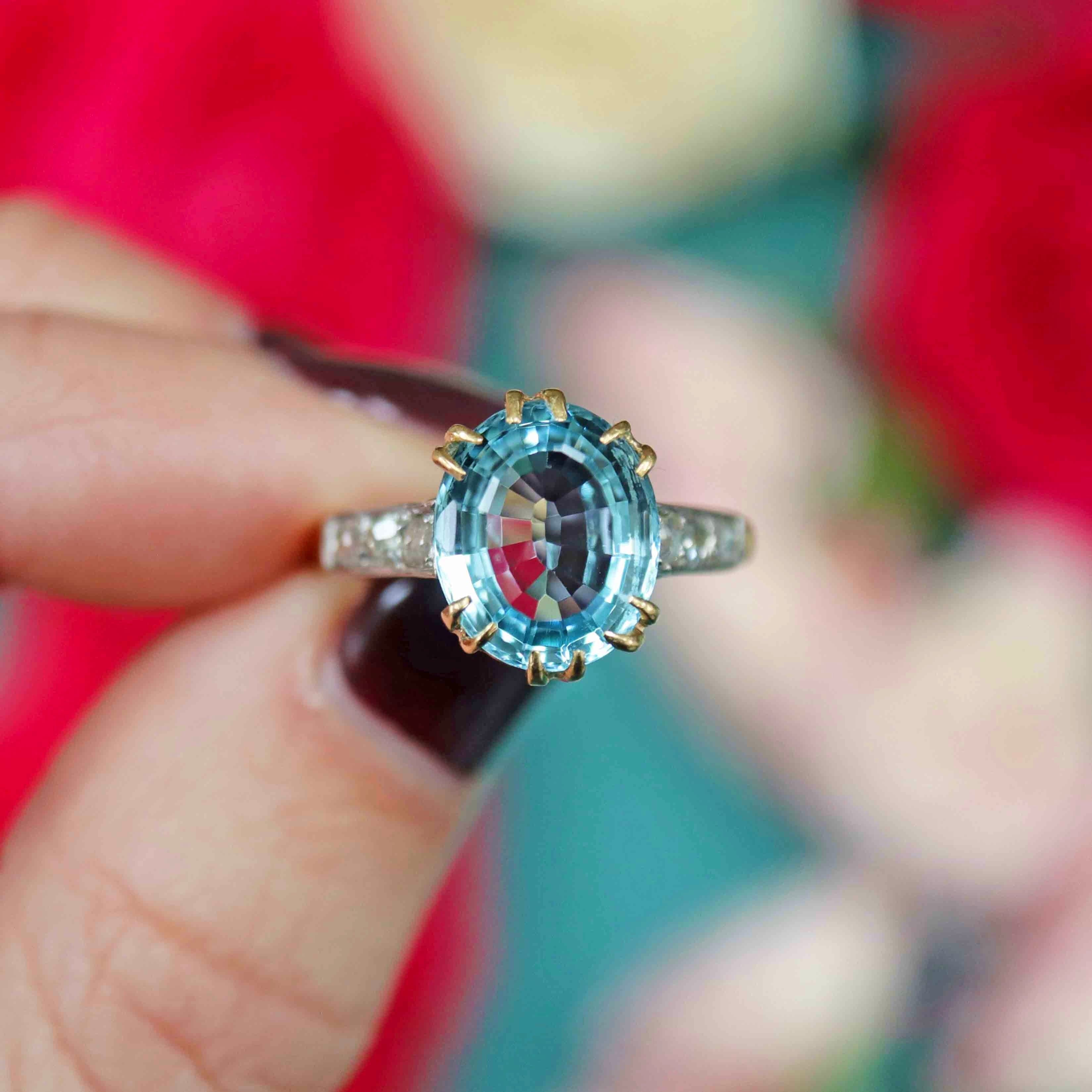 Ellibelle Jewellery Vintage Aquamarine & Rose-Cut Diamond 18ct Gold Ring (3.20cts)