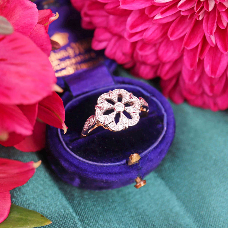 Ellibelle Jewellery Vintage Art Deco Inspired 18ct Gold Platinum Diamond Geometric Cluster Ring