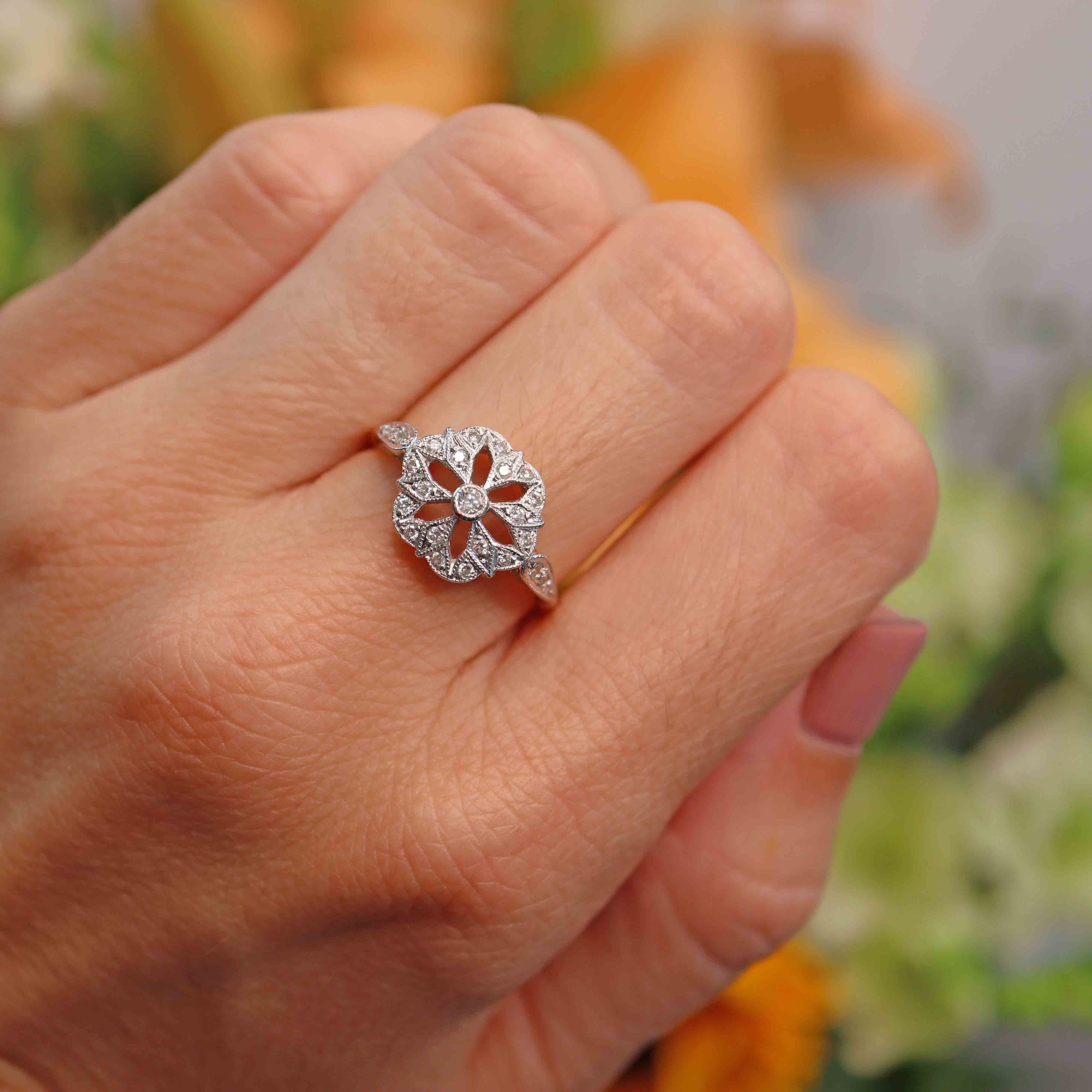 Ellibelle Jewellery Vintage Art Deco Inspired 18ct Gold Platinum Diamond Geometric Cluster Ring