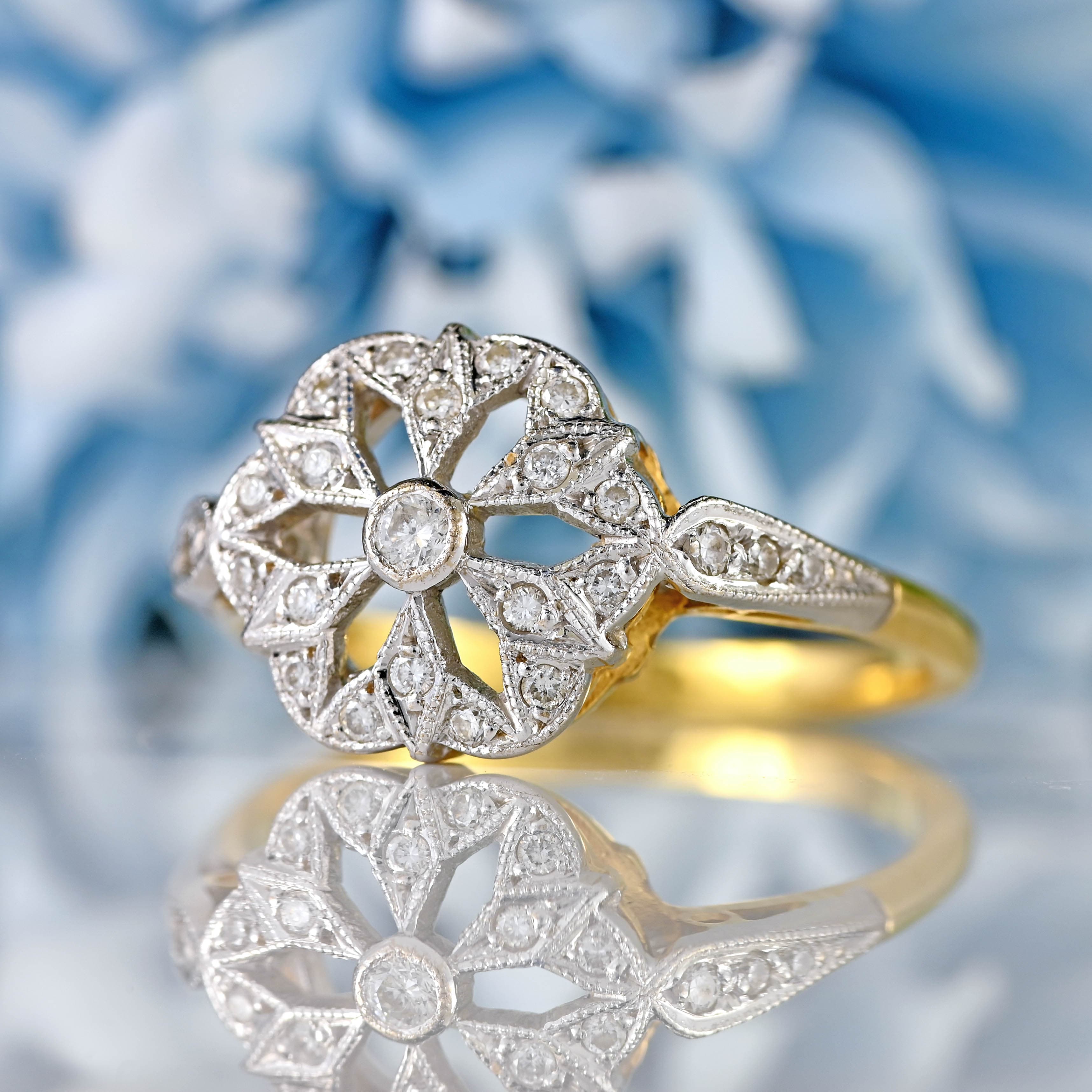 Ellibelle Jewellery Vintage Art Deco Inspired 18ct Gold Platinum Diamond Geometric Cluster Ring