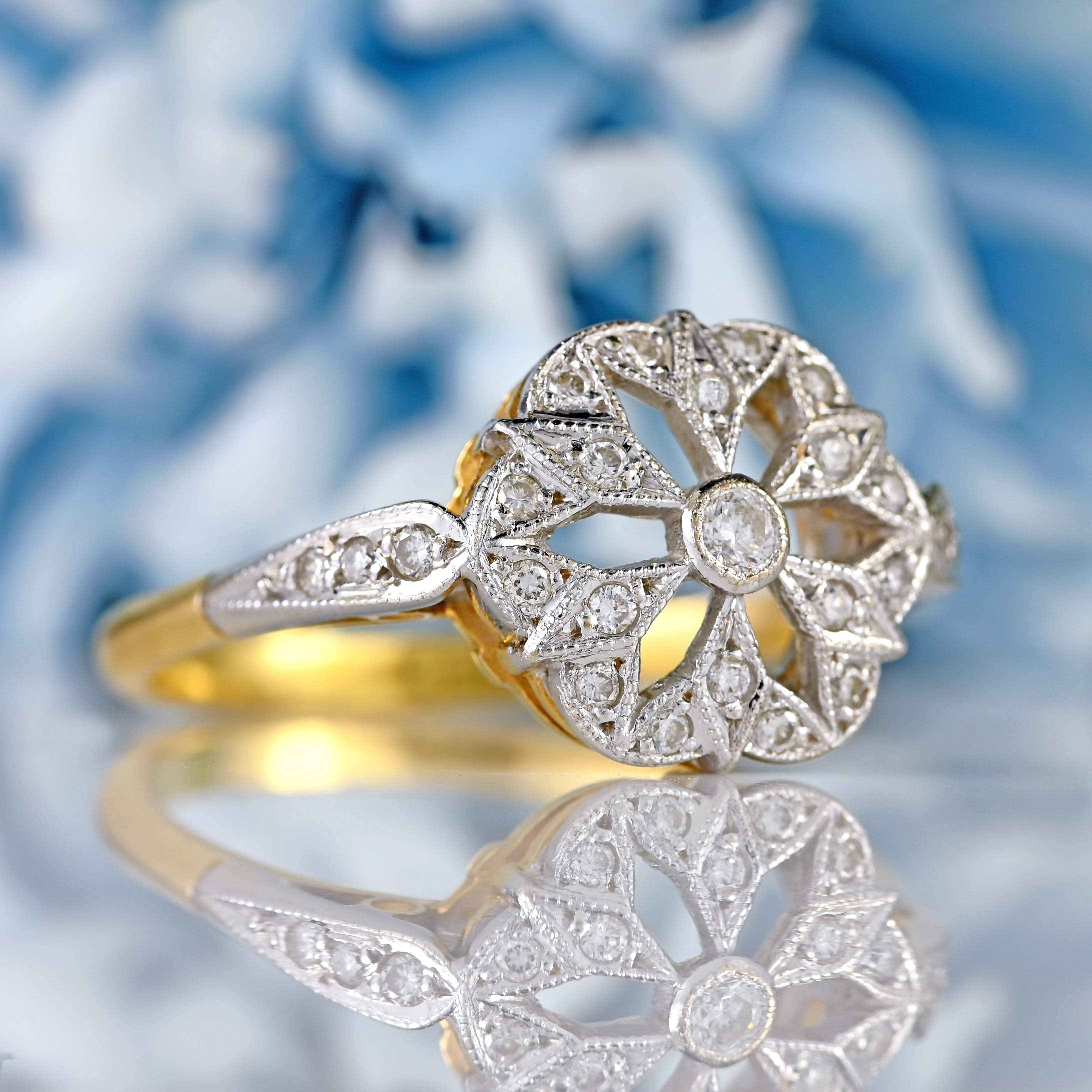 Ellibelle Jewellery Vintage Art Deco Inspired 18ct Gold Platinum Diamond Geometric Cluster Ring