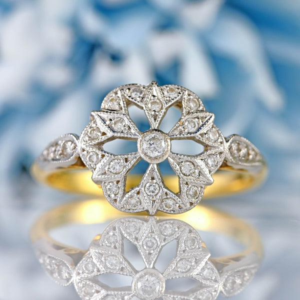 Ellibelle Jewellery Vintage Art Deco Inspired 18ct Gold Platinum Diamond Geometric Cluster Ring