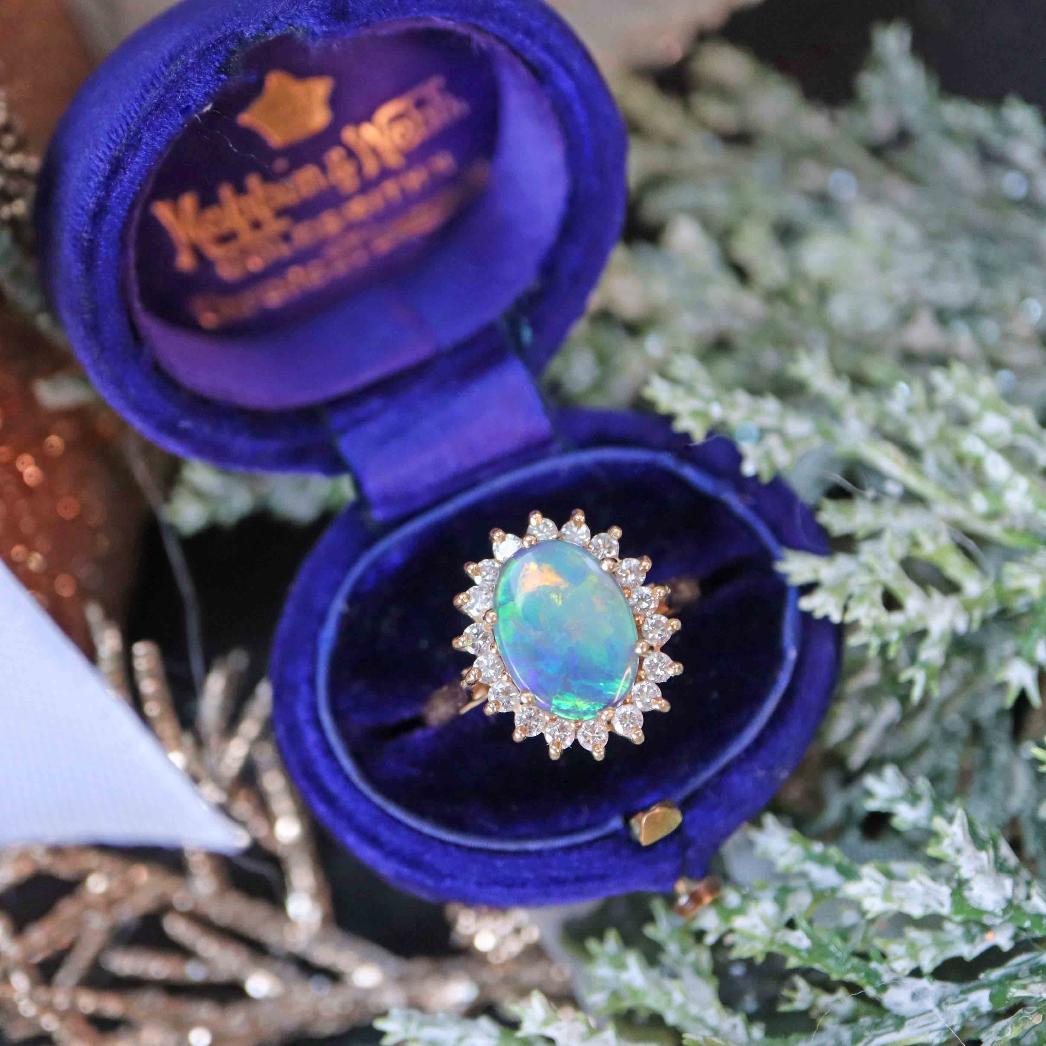 Ellibelle Jewellery Vintage Black Opal & Diamond 18ct Gold Cluster Ring
