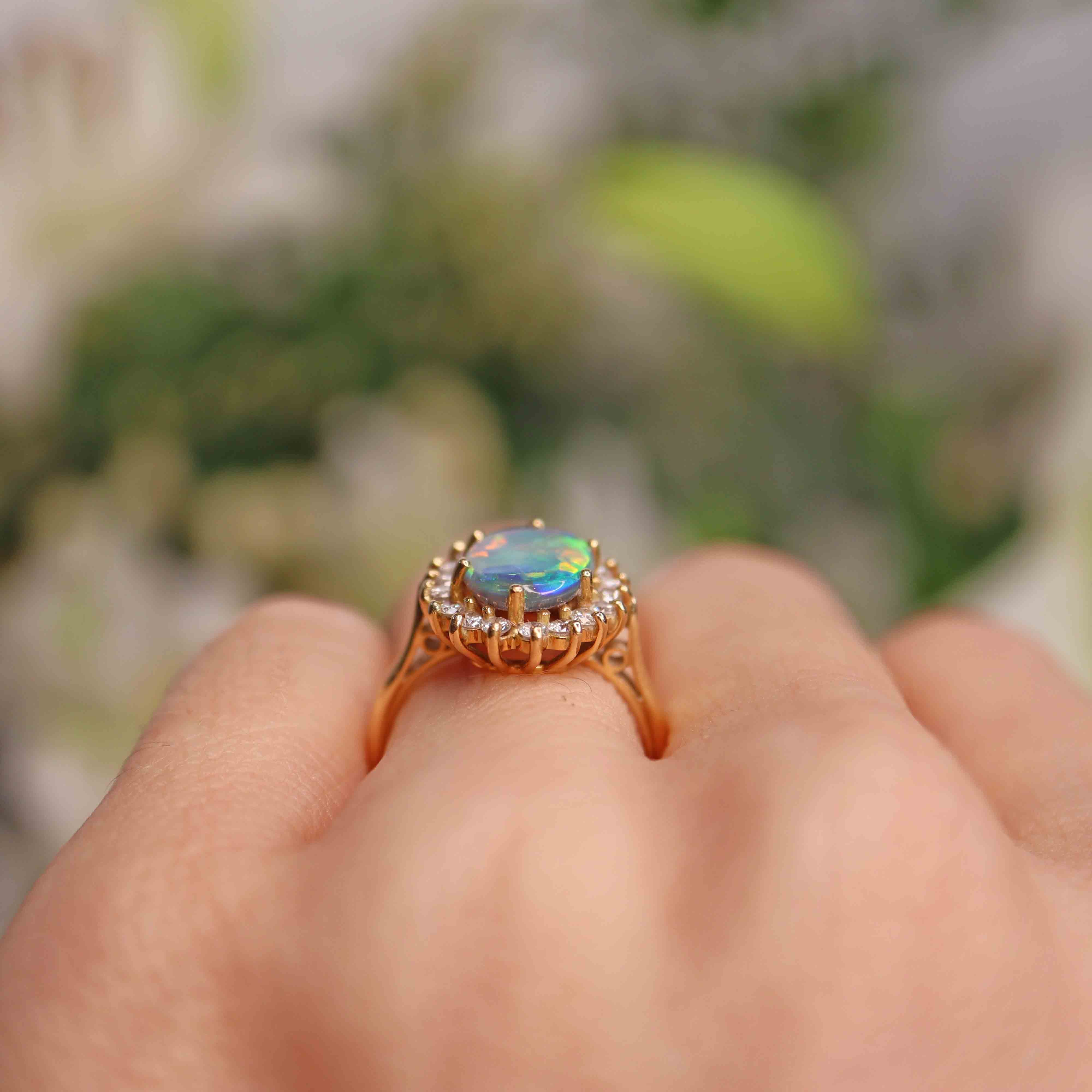 Ellibelle Jewellery Vintage Black Opal & Diamond 18ct Gold Cluster Ring