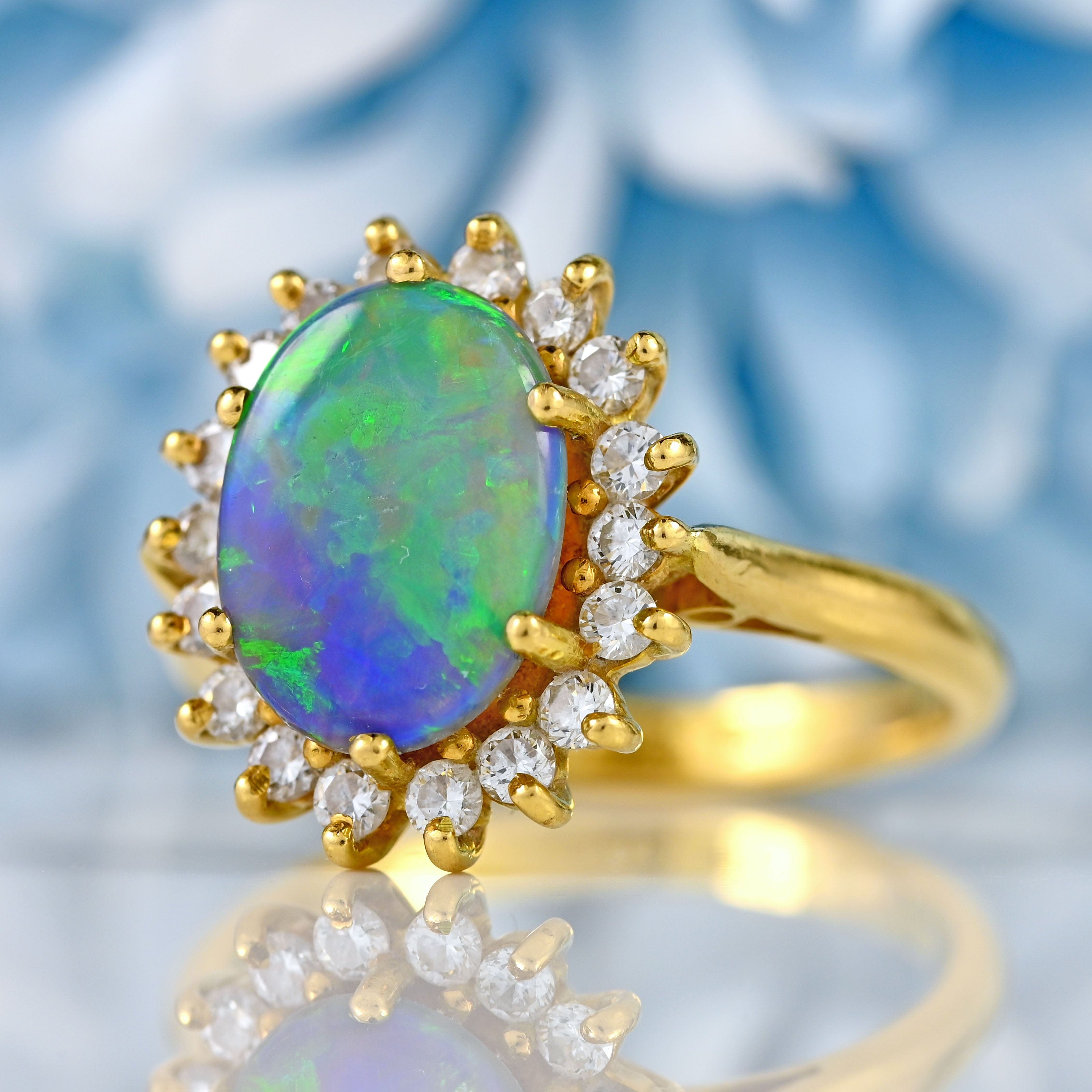 Ellibelle Jewellery Vintage Black Opal & Diamond 18ct Gold Cluster Ring