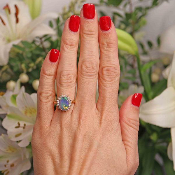 Ellibelle Jewellery Vintage Black Opal & Diamond 18ct Gold Cluster Ring