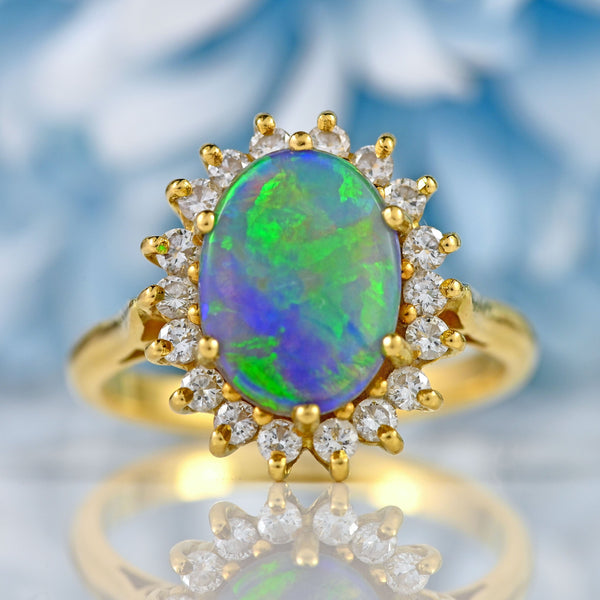 Ellibelle Jewellery Vintage Black Opal & Diamond 18ct Gold Cluster Ring