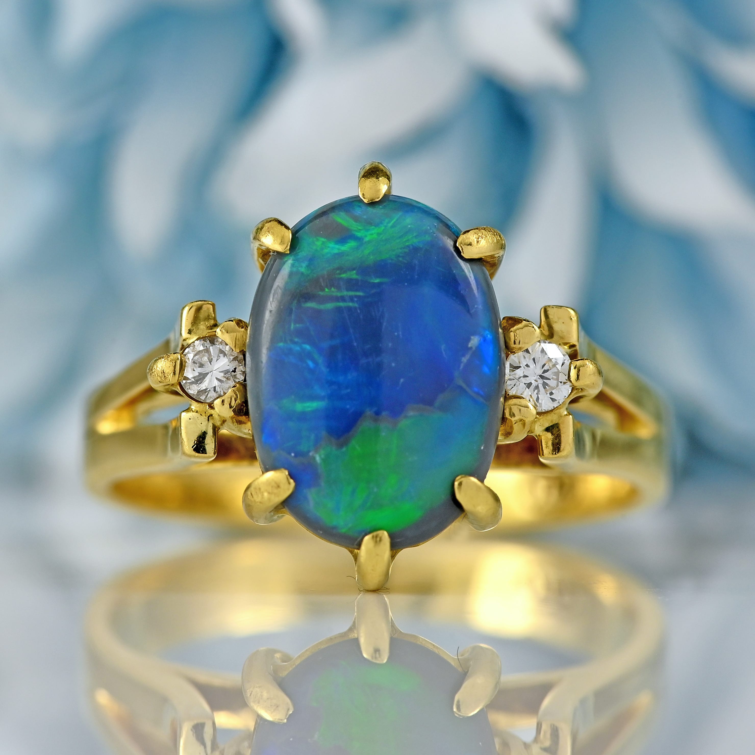 Ellibelle Jewellery Vintage Black Opal & Diamond 18ct Gold Three-Stone Ring (0.80cts)