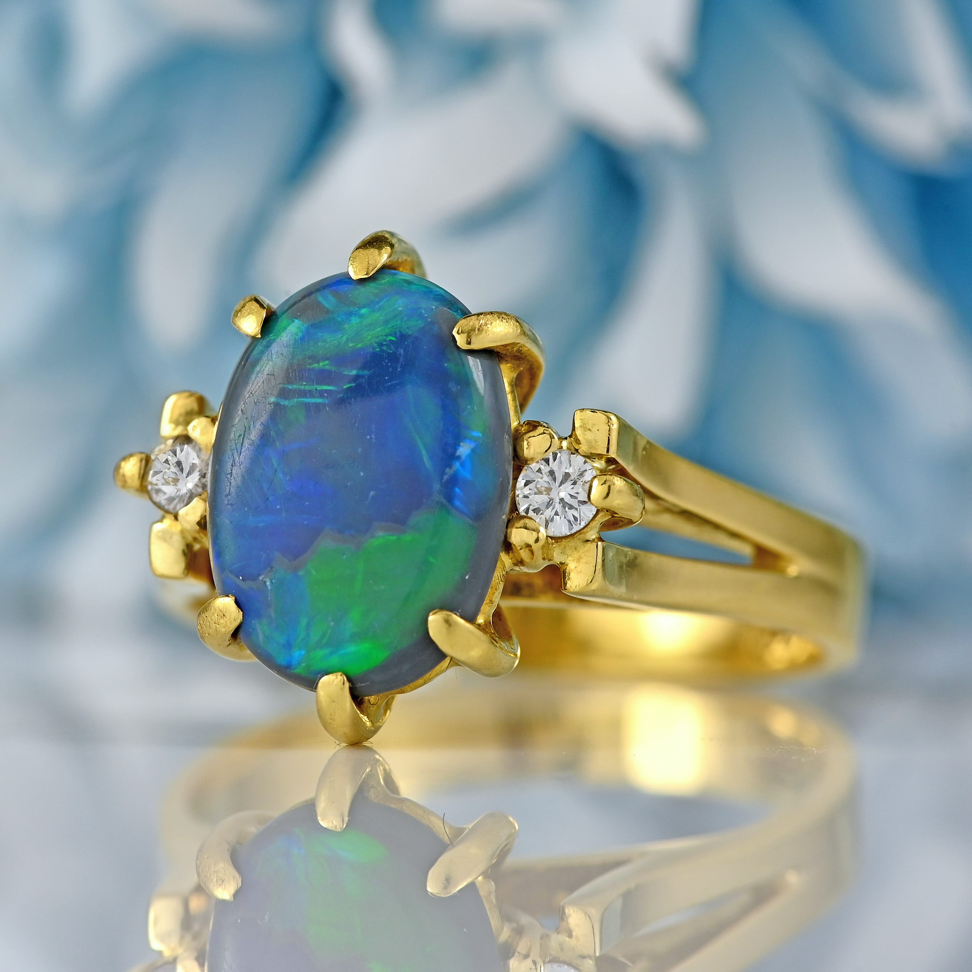 Ellibelle Jewellery Vintage Black Opal & Diamond 18ct Gold Three-Stone Ring (0.80cts)