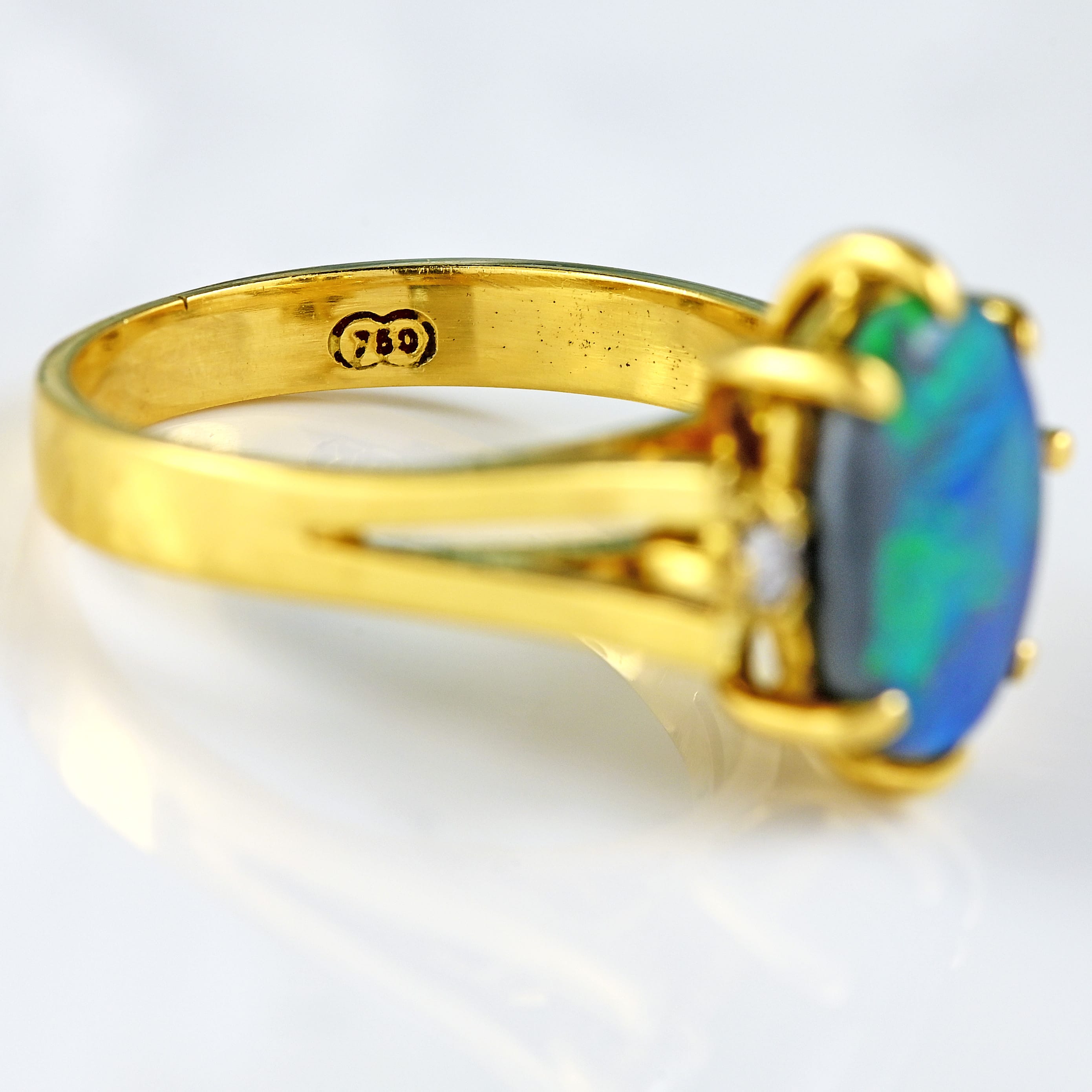 Ellibelle Jewellery Vintage Black Opal & Diamond 18ct Gold Three-Stone Ring (0.80cts)